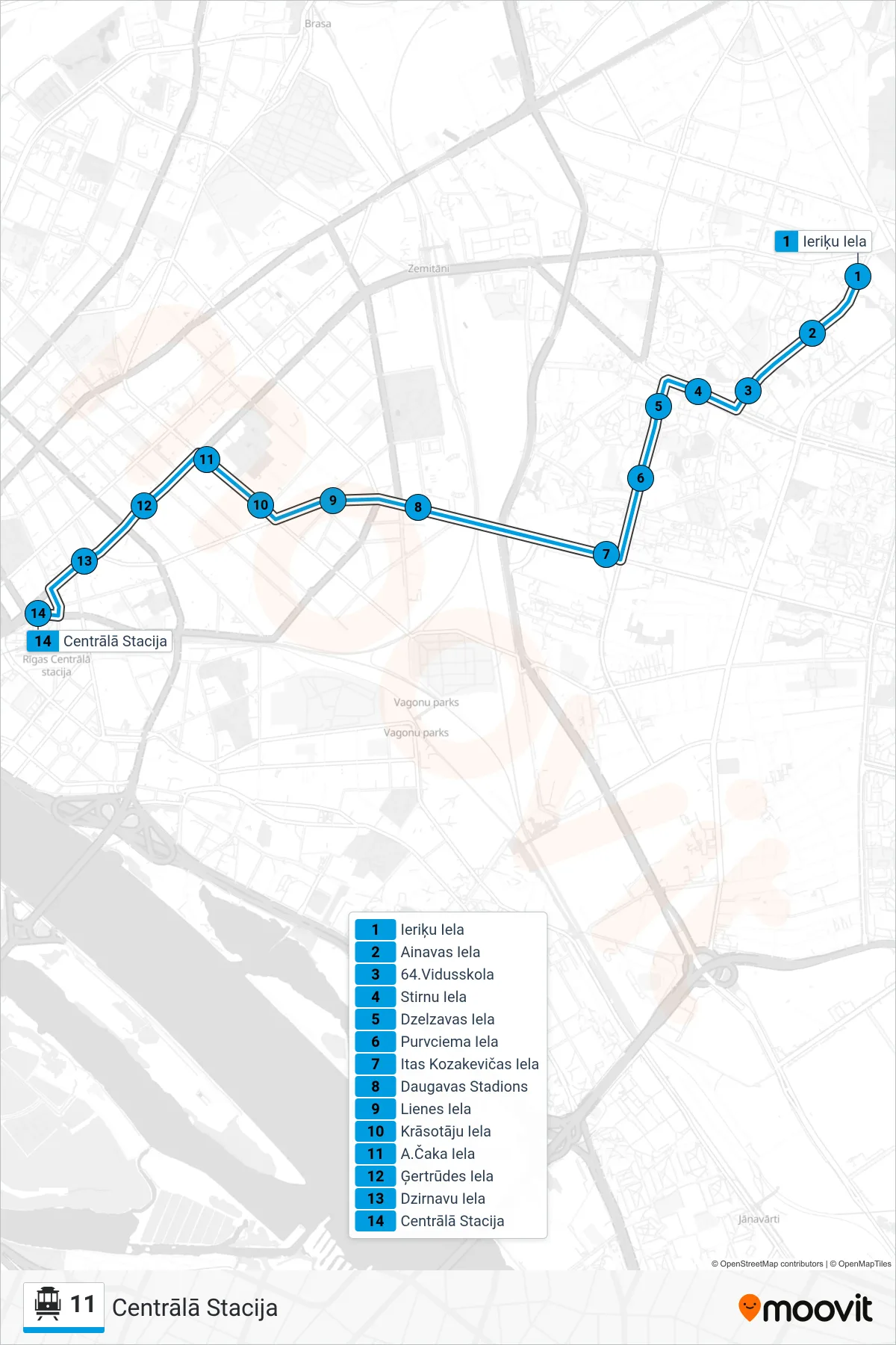 11 cable car Line (Centrālā Stacija) route and stops on a map