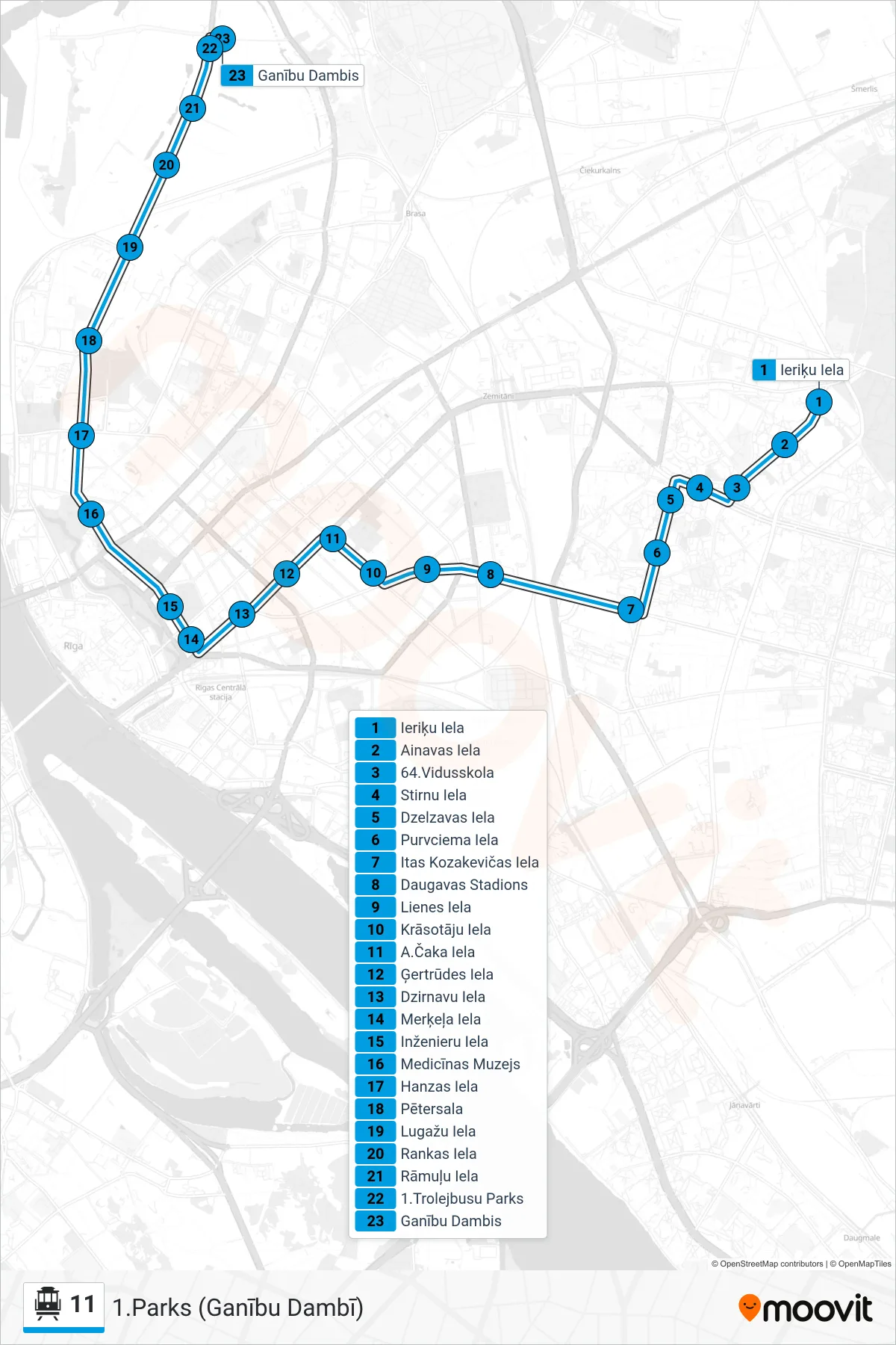 11 cable car Line (1.Parks (Ganību Dambī)) route and stops on a map