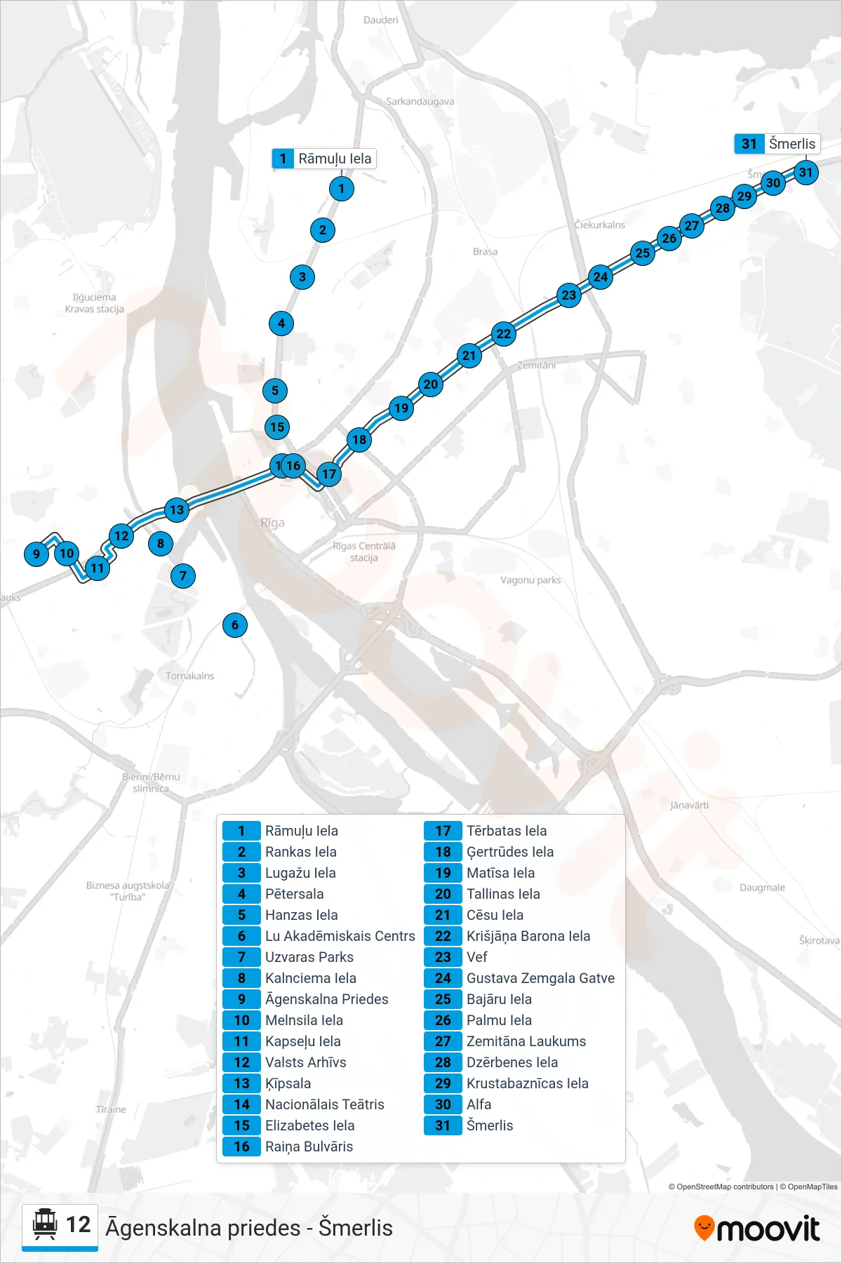 12 cable car Line (Šmerlis) route and stops on a map
