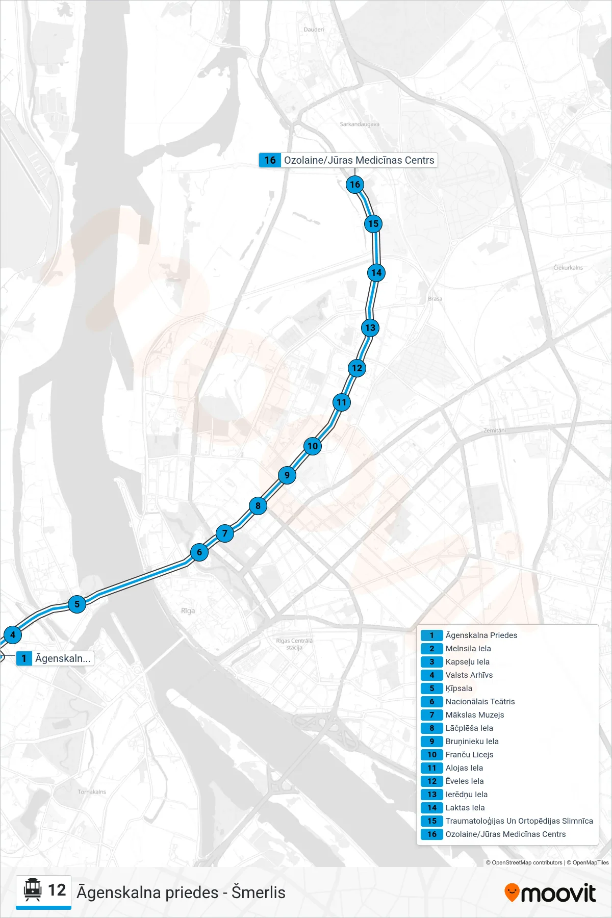 12 cable car Line (1.Parks (Ganību Dambī)) route and stops on a map