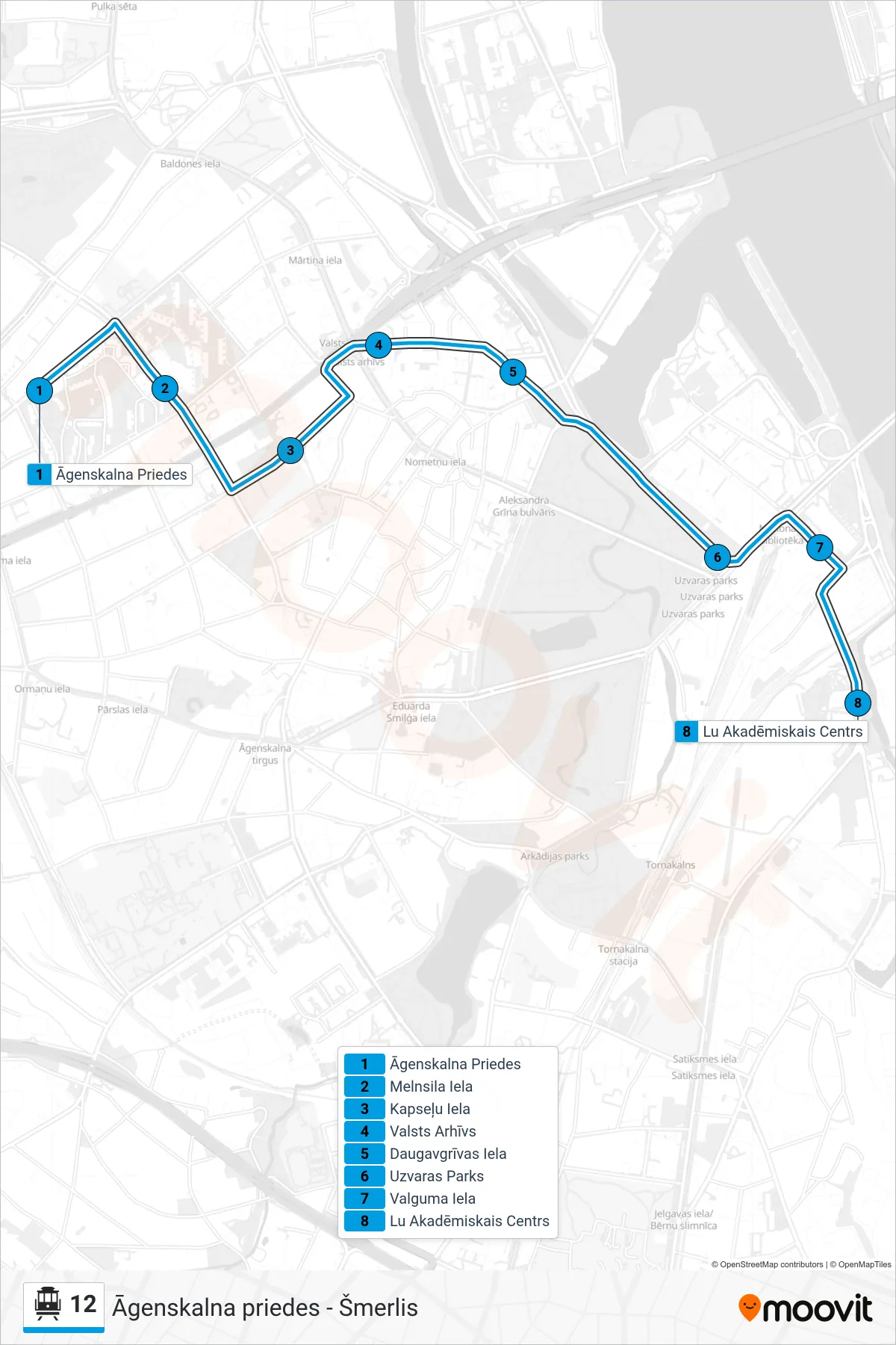 12 cable car Line (2.Parks (Jelgavas Ielā)) route and stops on a map