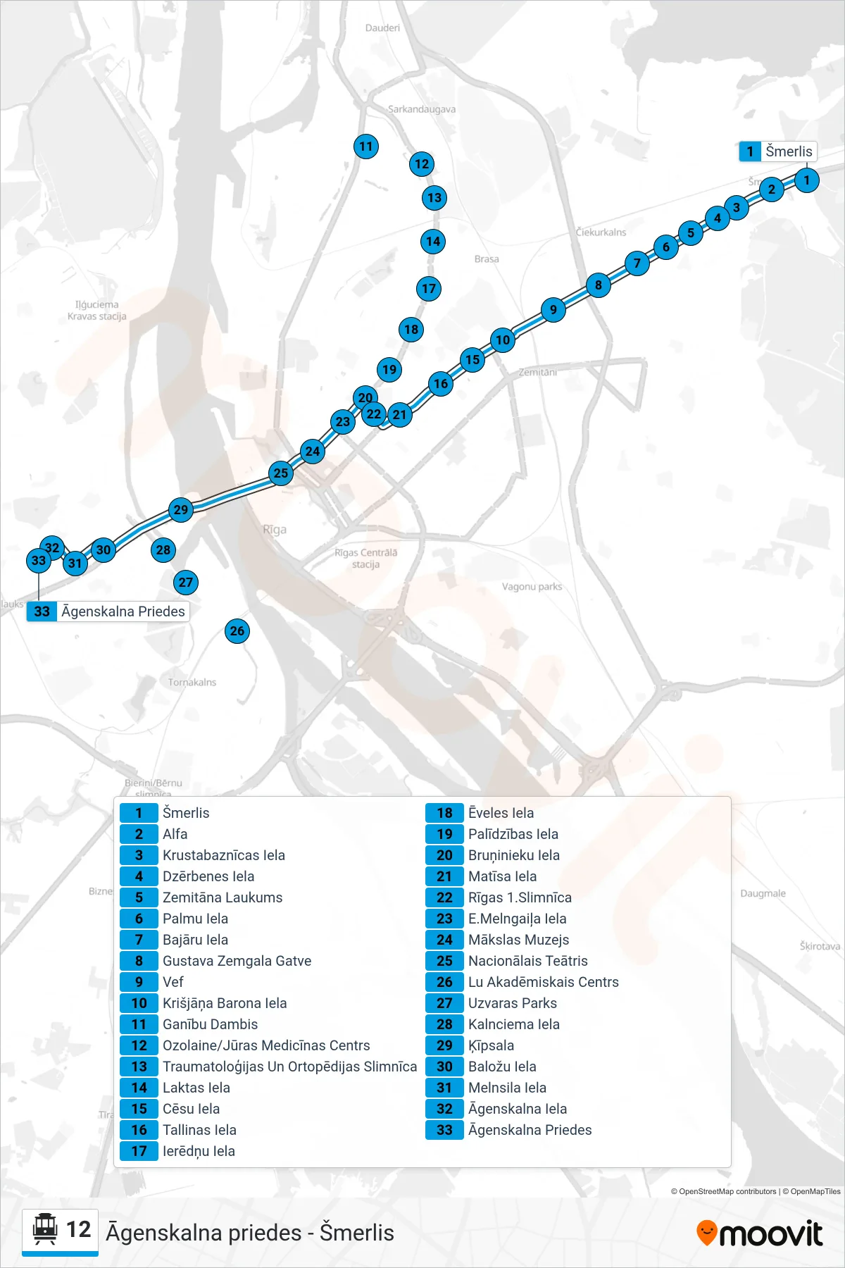 12 cable car Line (Āgenskalna Priedes) route and stops on a map