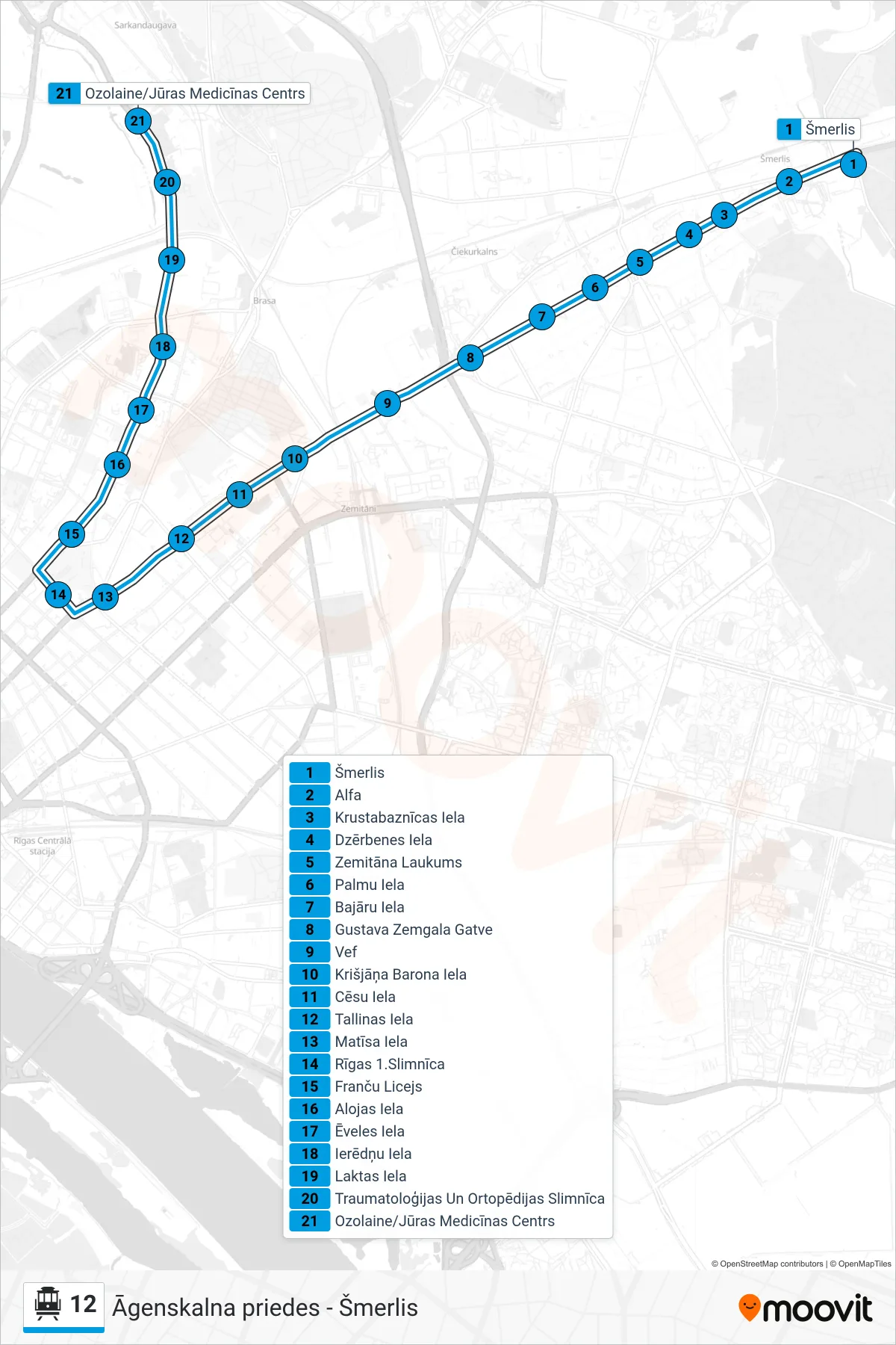 12 cable car Line (1.Parks (Ganību Dambī)) route and stops on a map