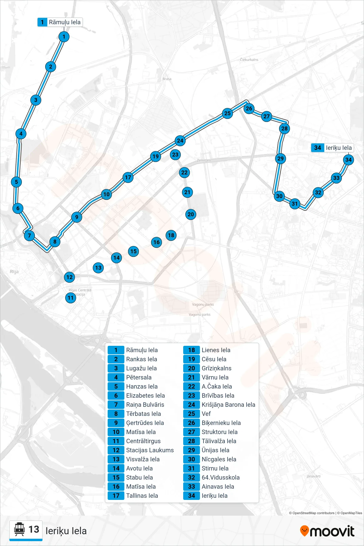 13 cable car Line (Ieriķu Iela) route and stops on a map