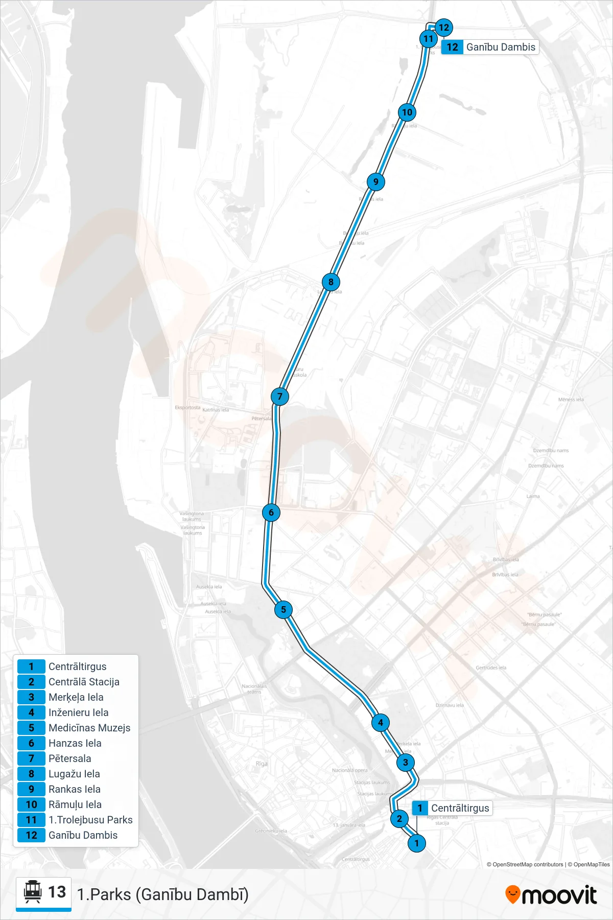 13 cable car Line (1.Parks (Ganību Dambī)) route and stops on a map