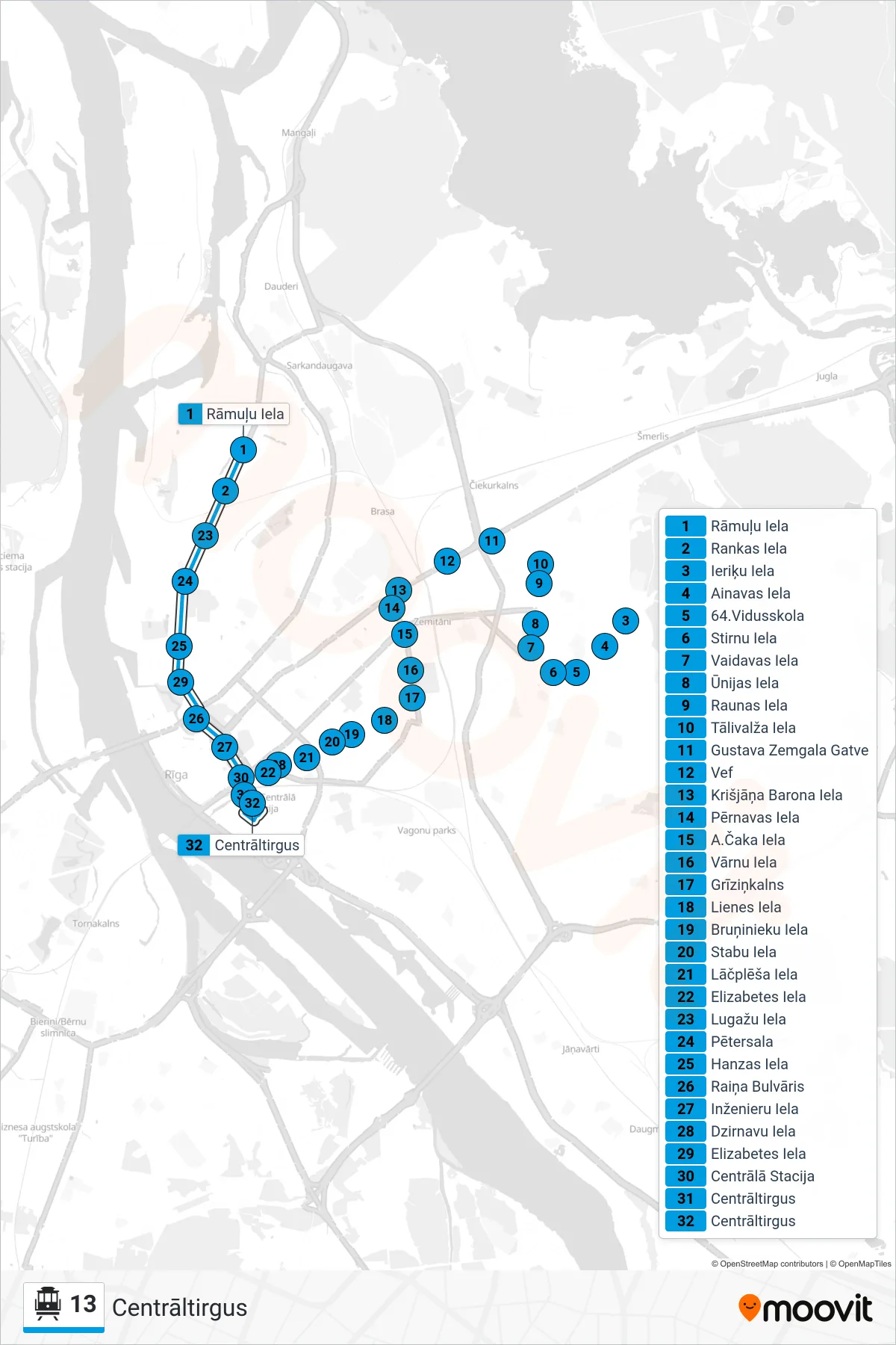 13 cable car Line (Centrāltirgus) route and stops on a map