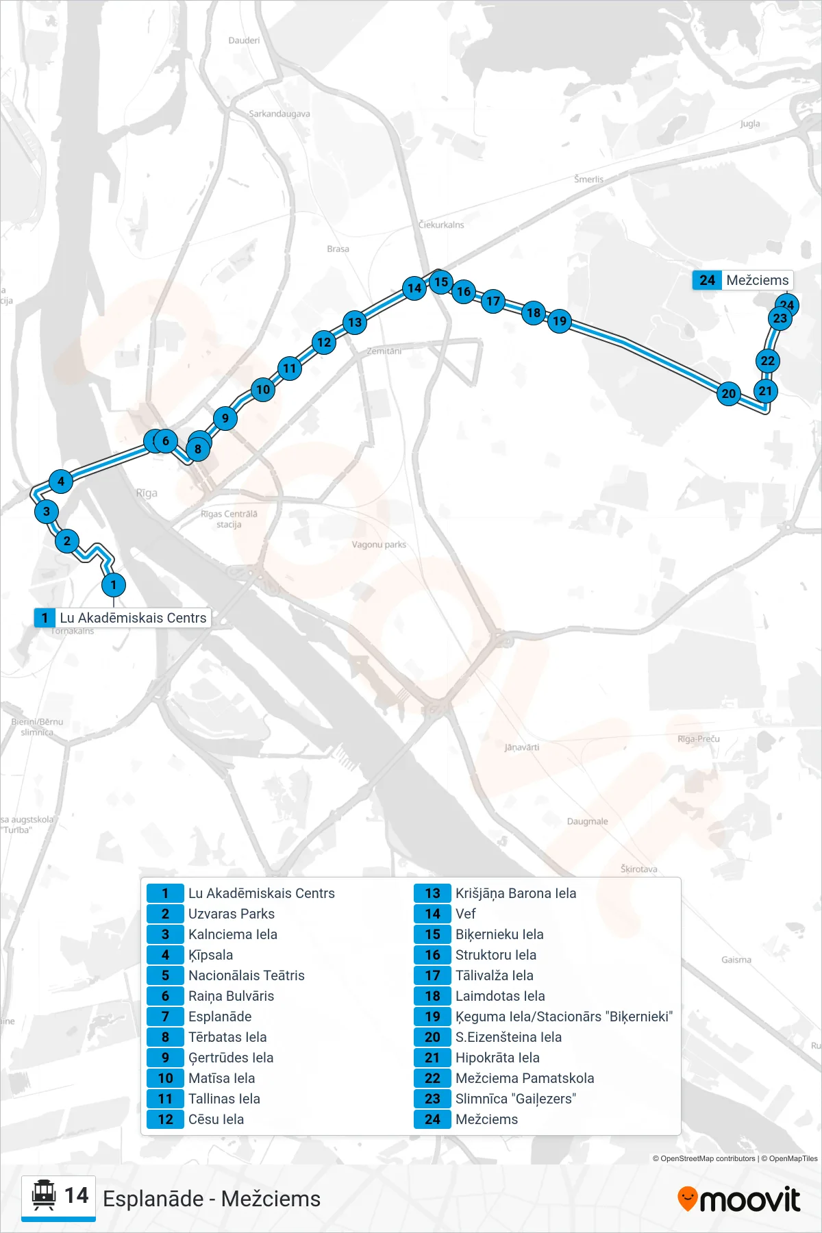 14 cable car Line (Mežciems) route and stops on a map