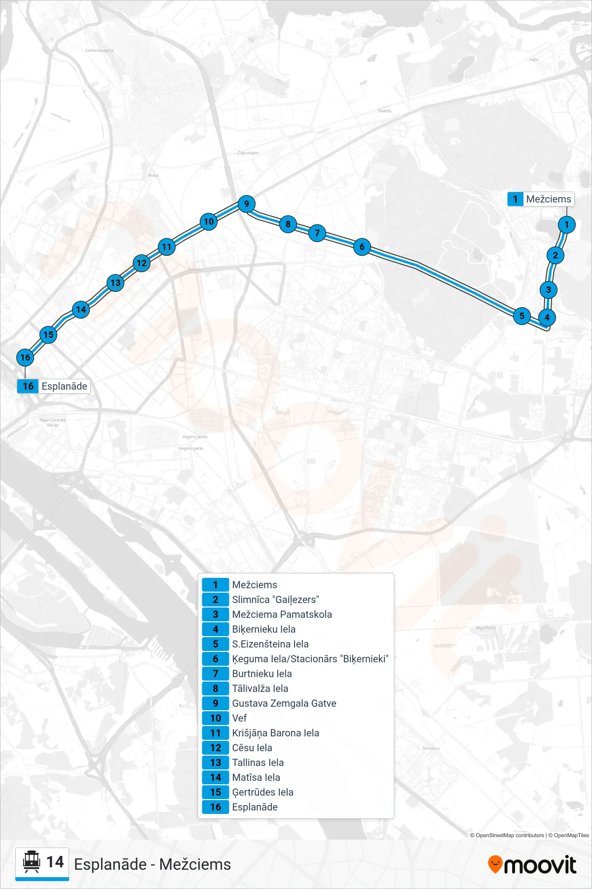 14 cable car Line (Esplanāde) route and stops on a map