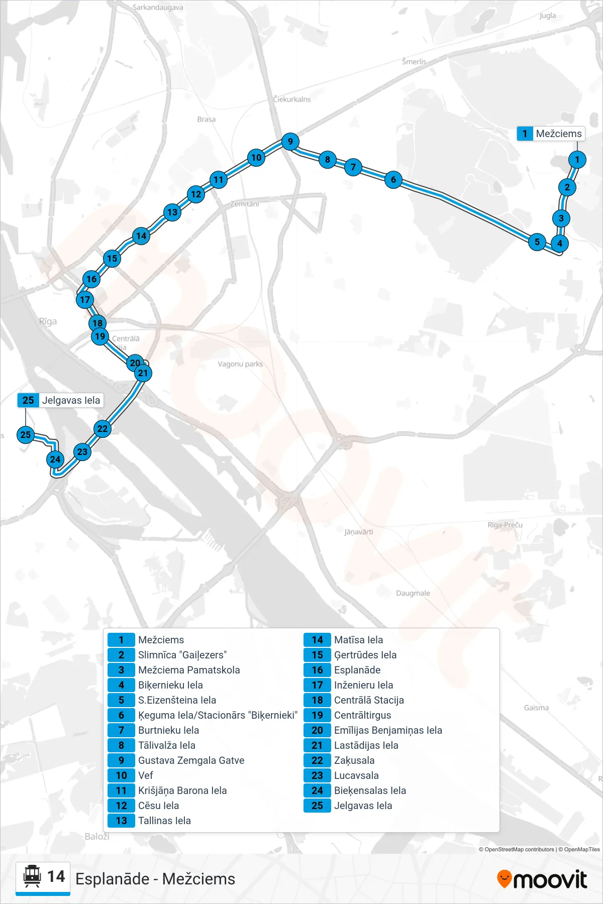 14 cable car Line (2.Parks (Jelgavas Ielā)) route and stops on a map