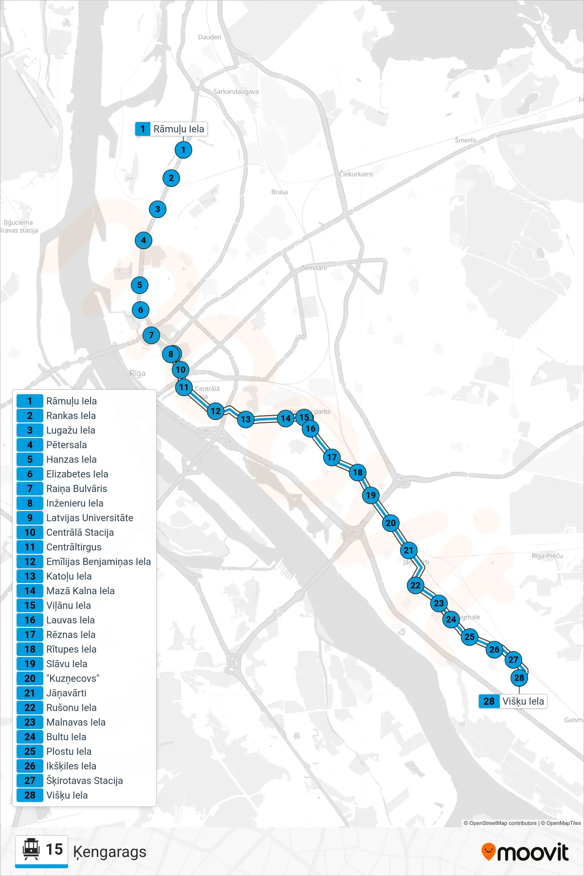 15 cable car Line (Ķengarags) route and stops on a map
