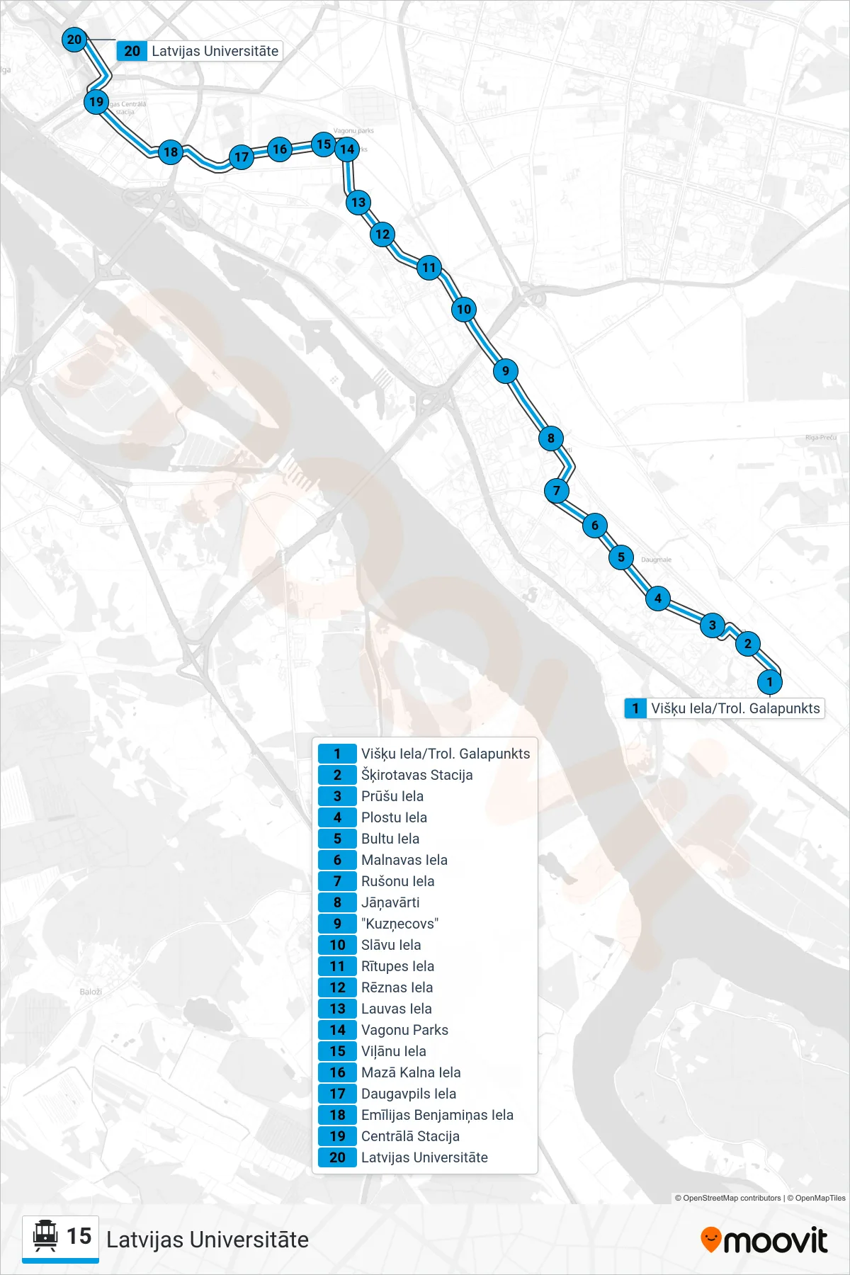 15 cable car Line (Latvijas Universitāte) route and stops on a map