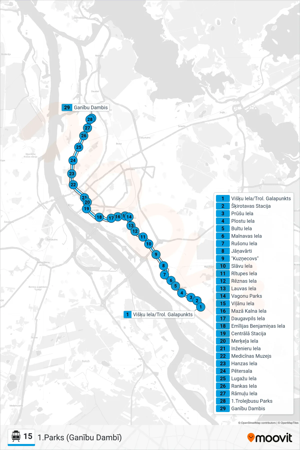 15 cable car Line (1.Parks (Ganību Dambī)) route and stops on a map
