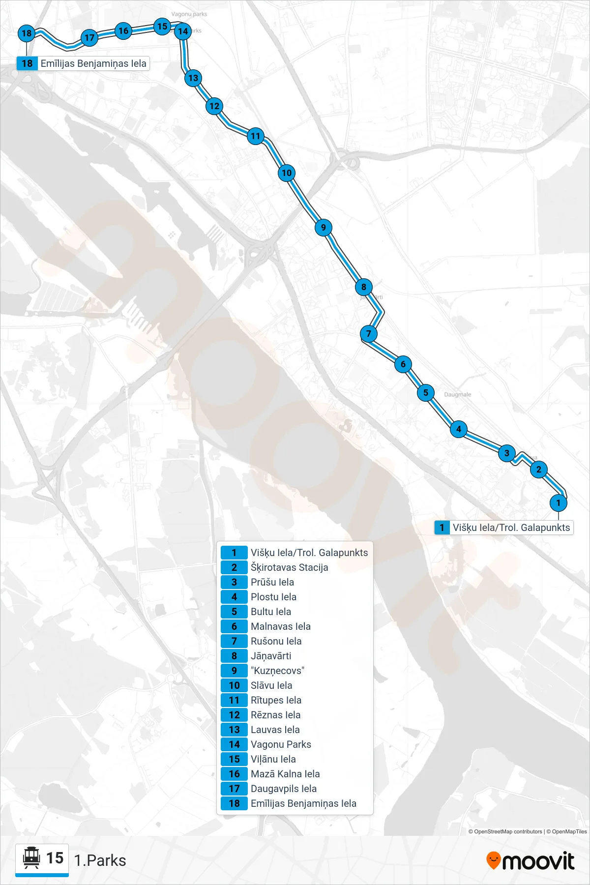 15 cable car Line (1.Parks) route and stops on a map
