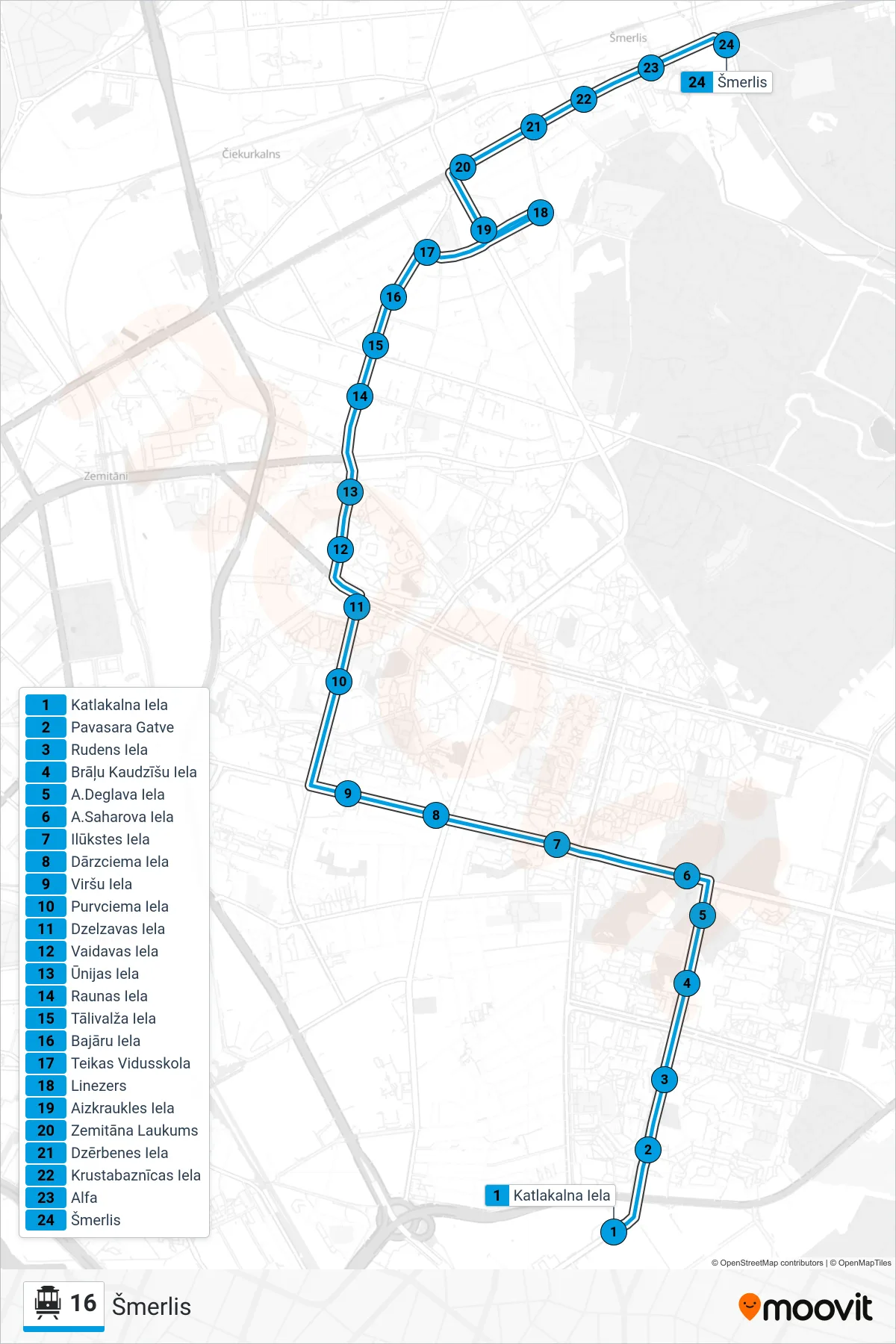 16 cable car Line (Šmerlis) route and stops on a map