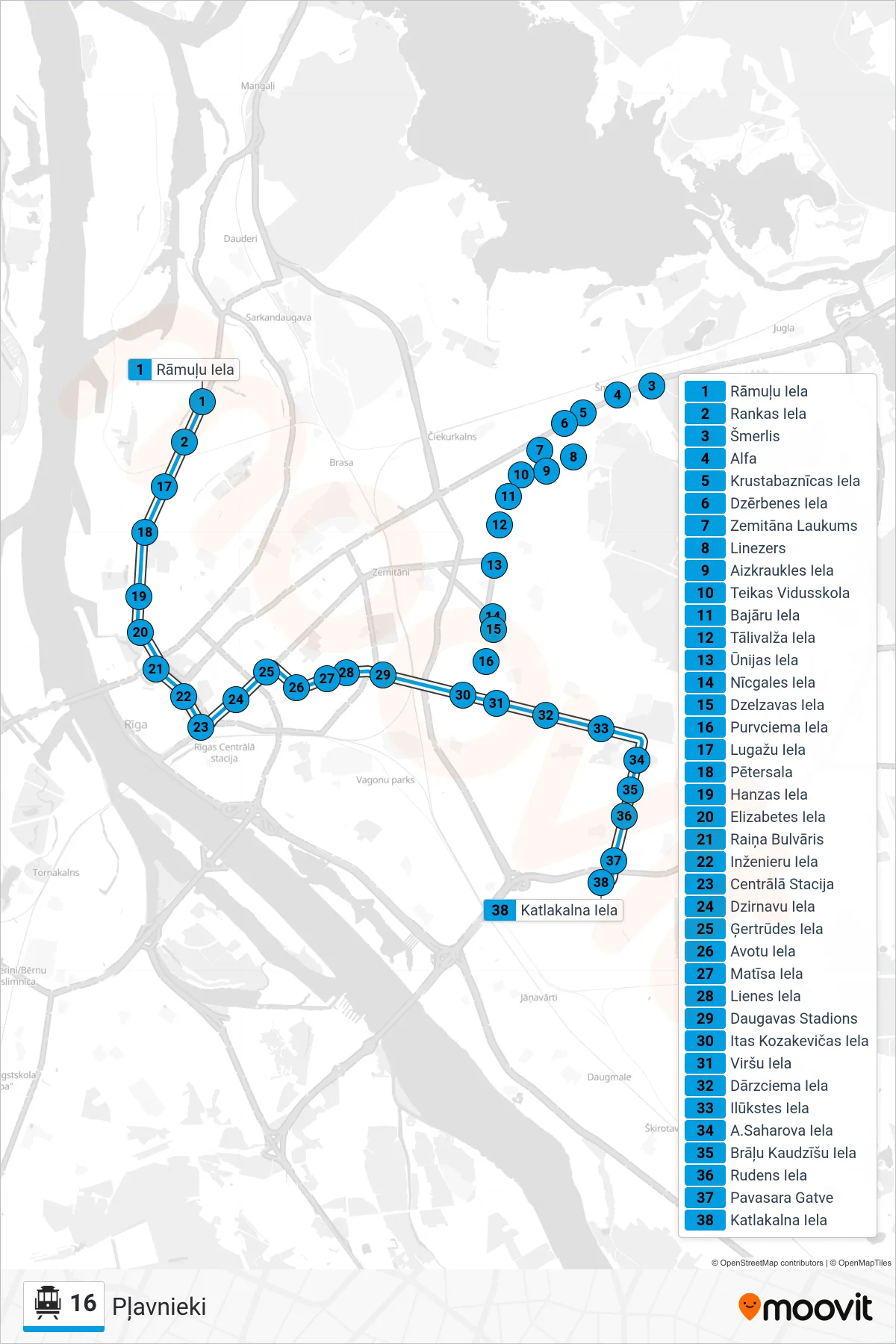 16 cable car Line (Pļavnieki) route and stops on a map
