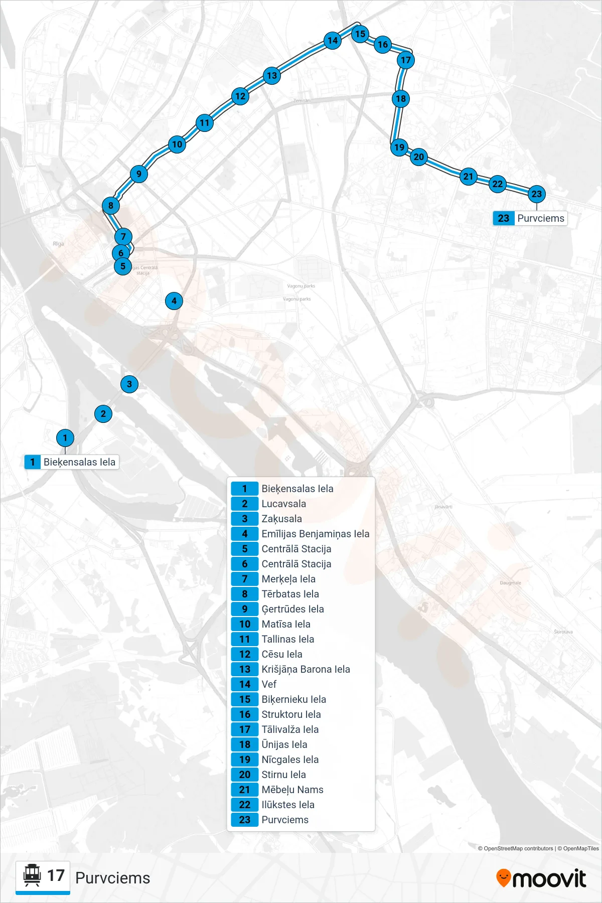 17 cable car Line (Purvciems) route and stops on a map