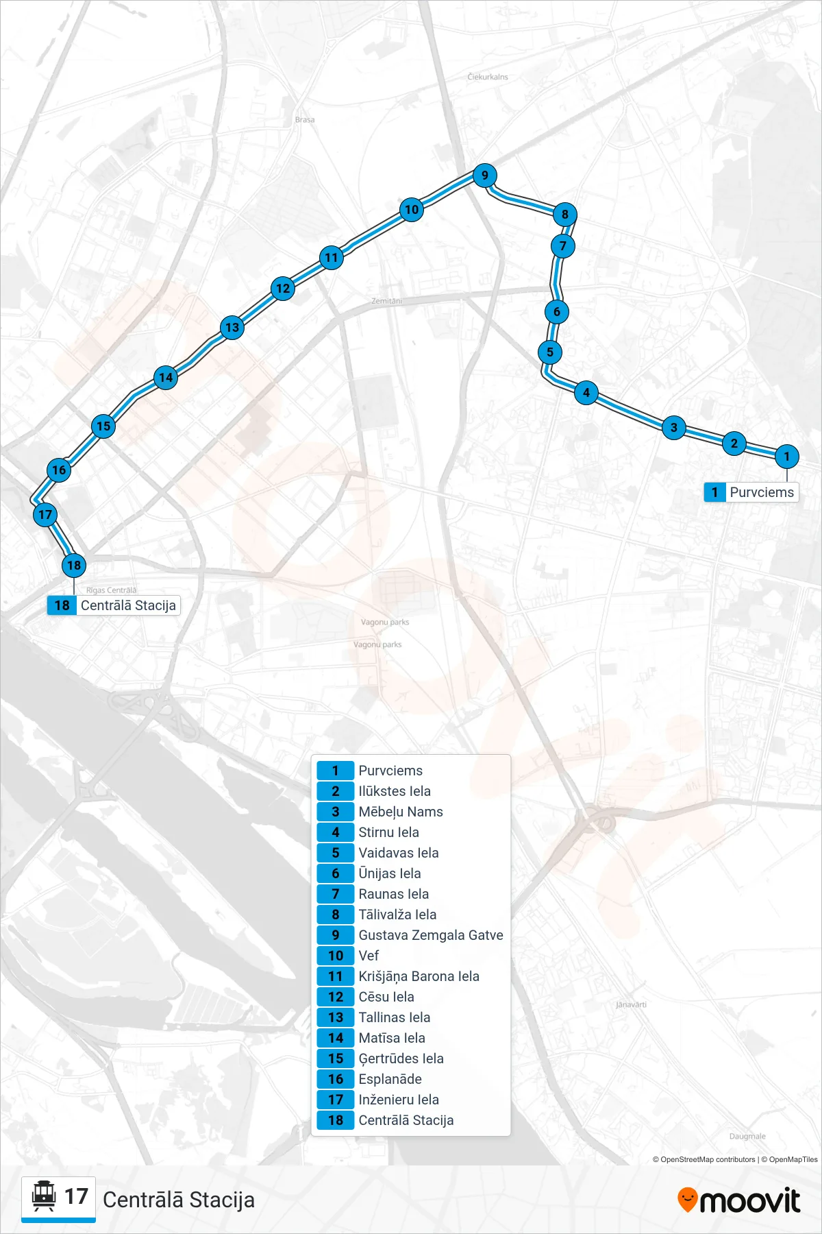 17 cable car Line (Centrālā Stacija) route and stops on a map