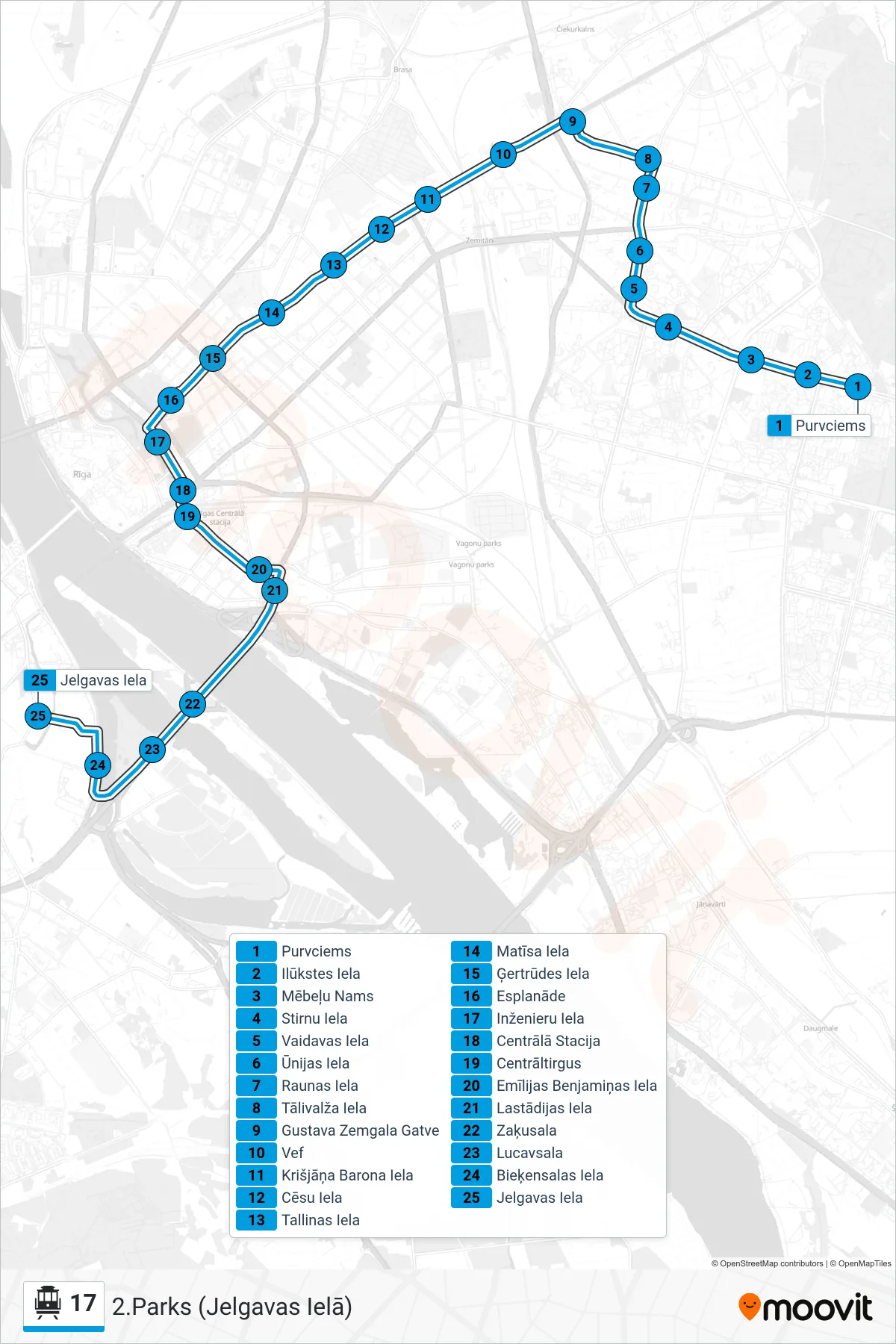 17 cable car Line (2.Parks (Jelgavas Ielā)) route and stops on a map