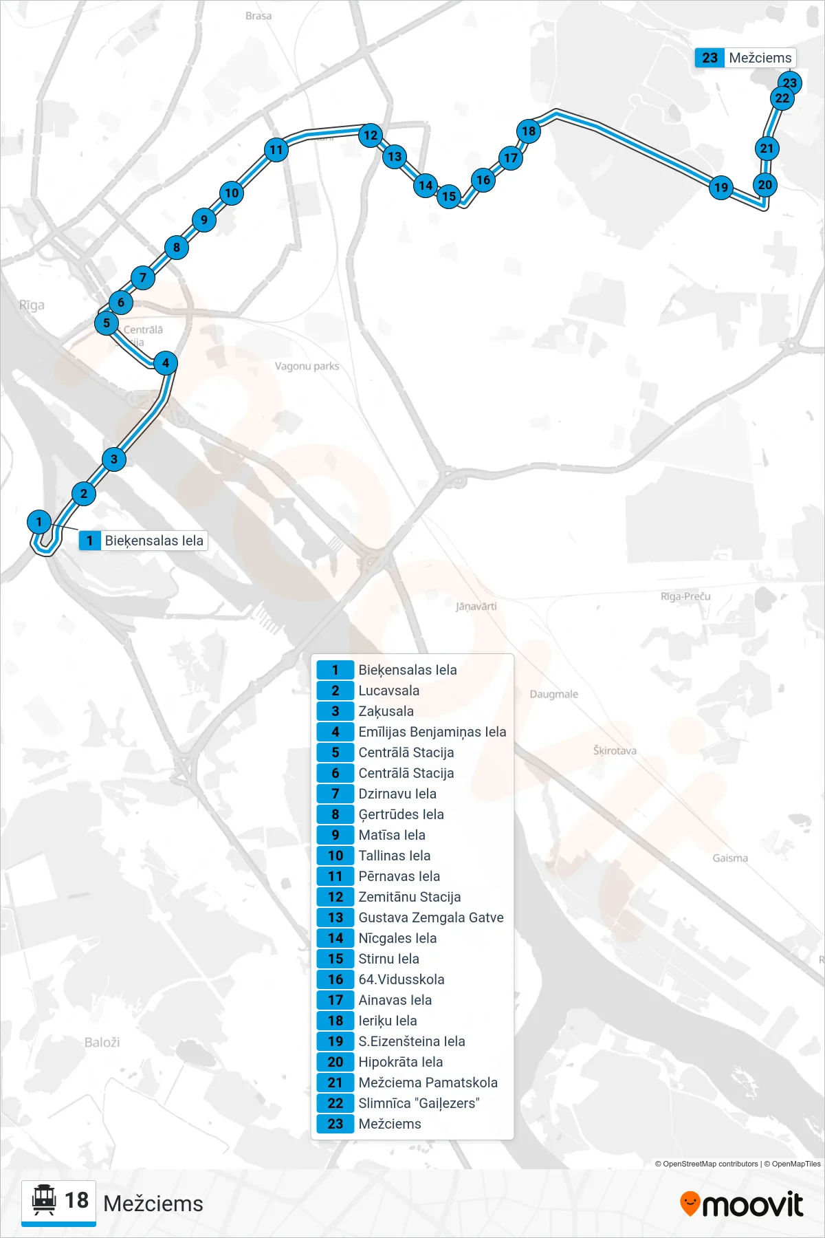 18 cable car Line (Mežciems) route and stops on a map