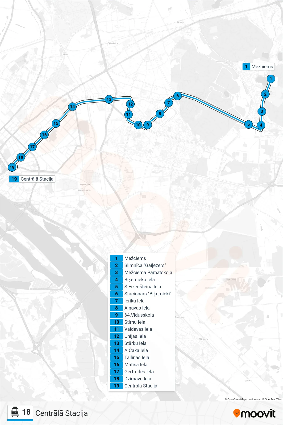 18 cable car Line (Centrālā Stacija) route and stops on a map