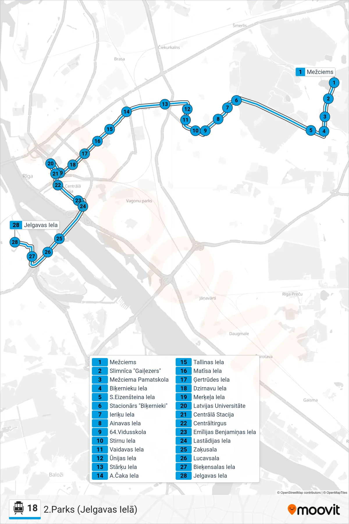 18 cable car Line (2.Parks (Jelgavas Ielā)) route and stops on a map