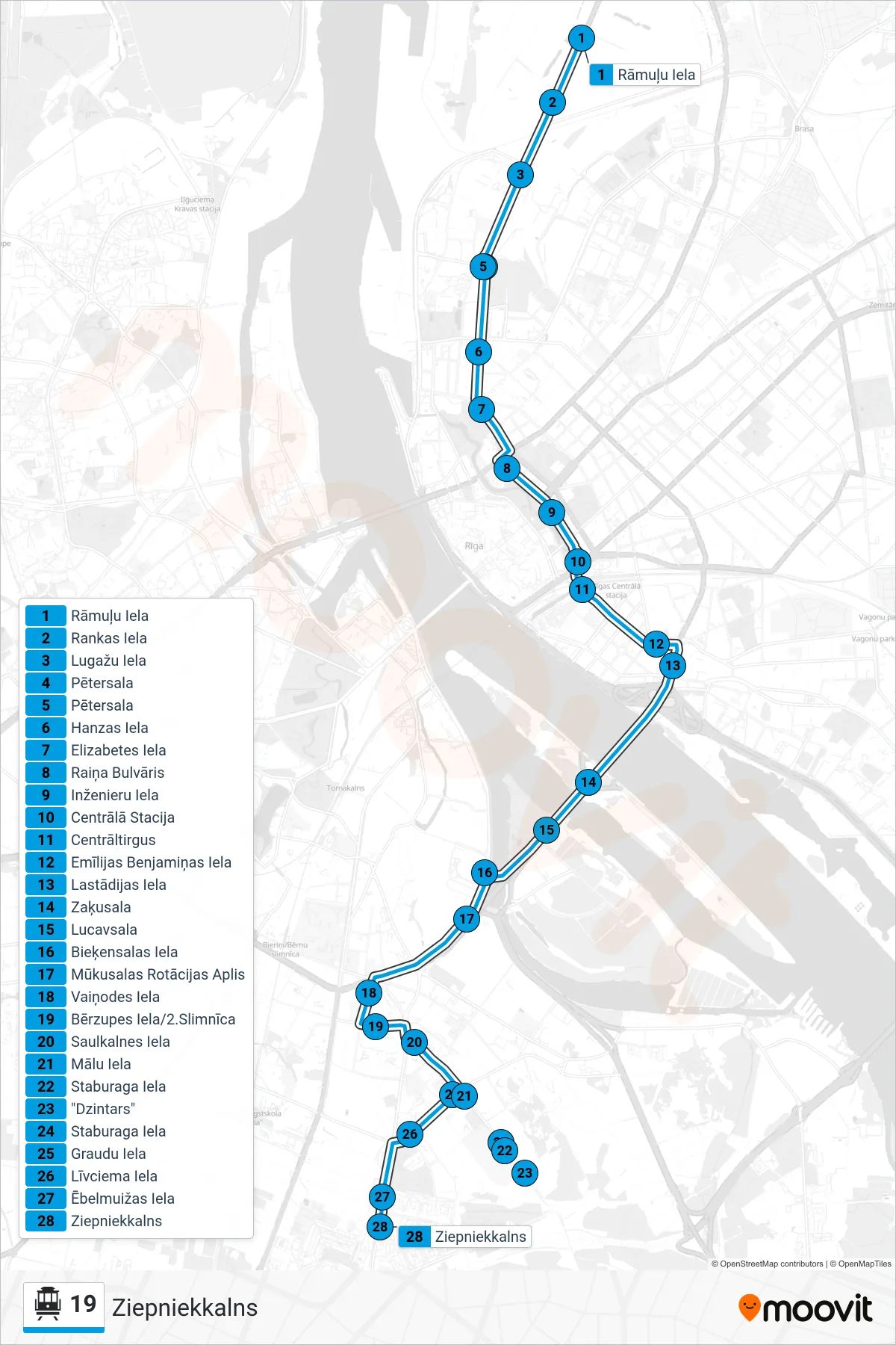 19 cable car Line (Ziepniekkalns) route and stops on a map