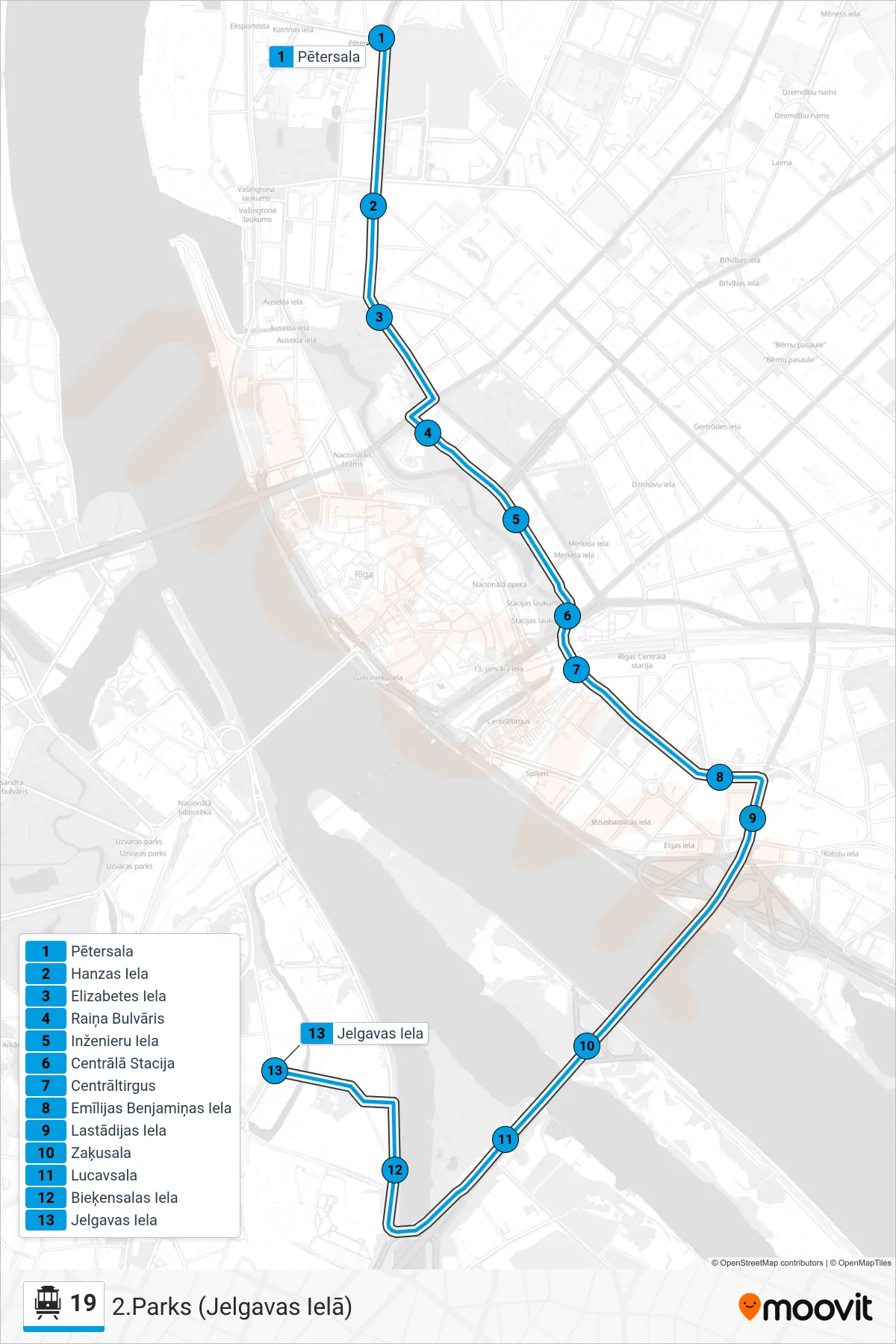 19 cable car Line (2.Parks (Jelgavas Ielā)) route and stops on a map