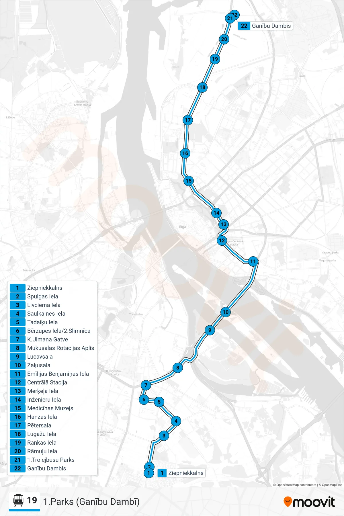 19 cable car Line (1.Parks (Ganību Dambī)) route and stops on a map