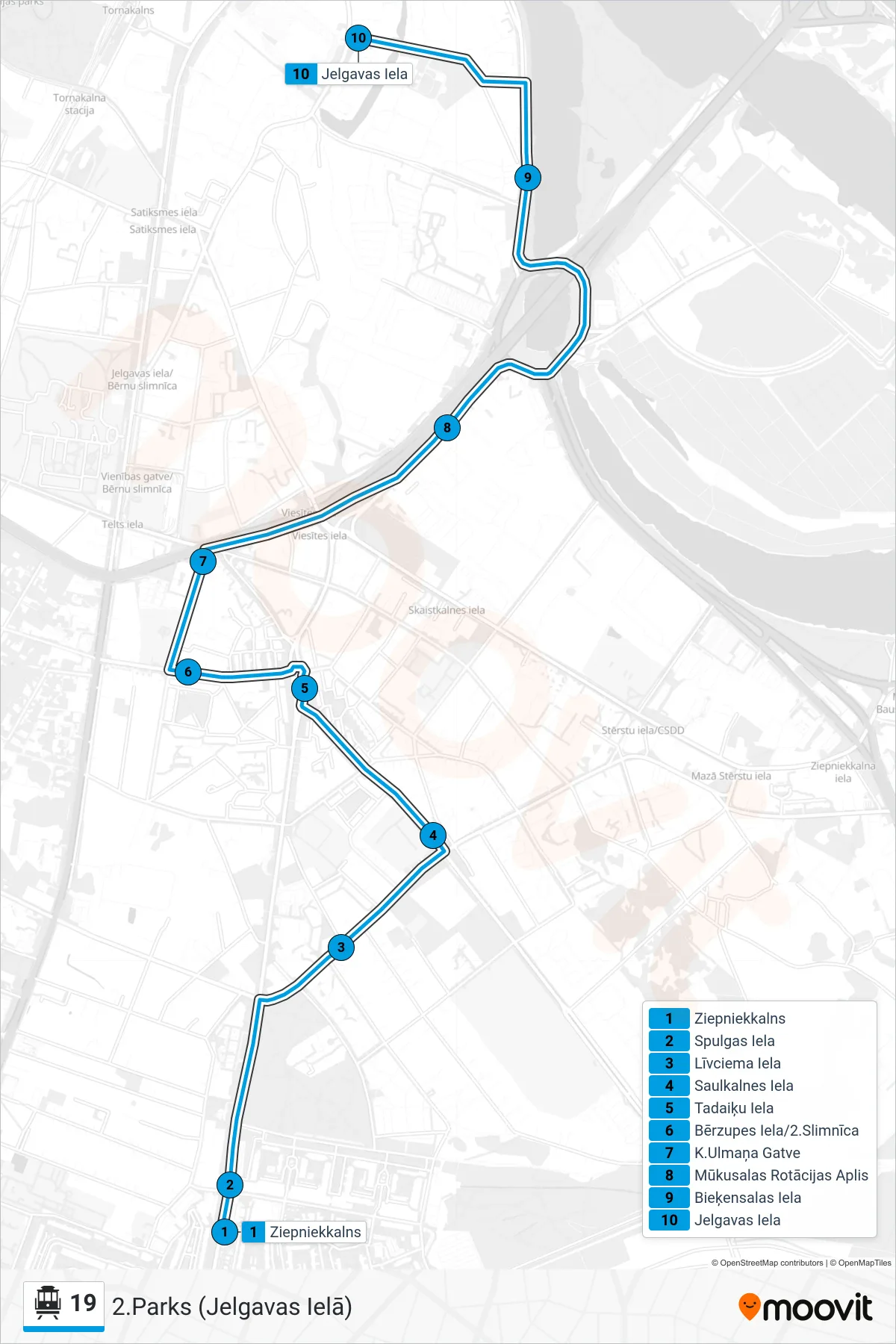 19 cable car Line (2.Parks (Jelgavas Ielā)) route and stops on a map