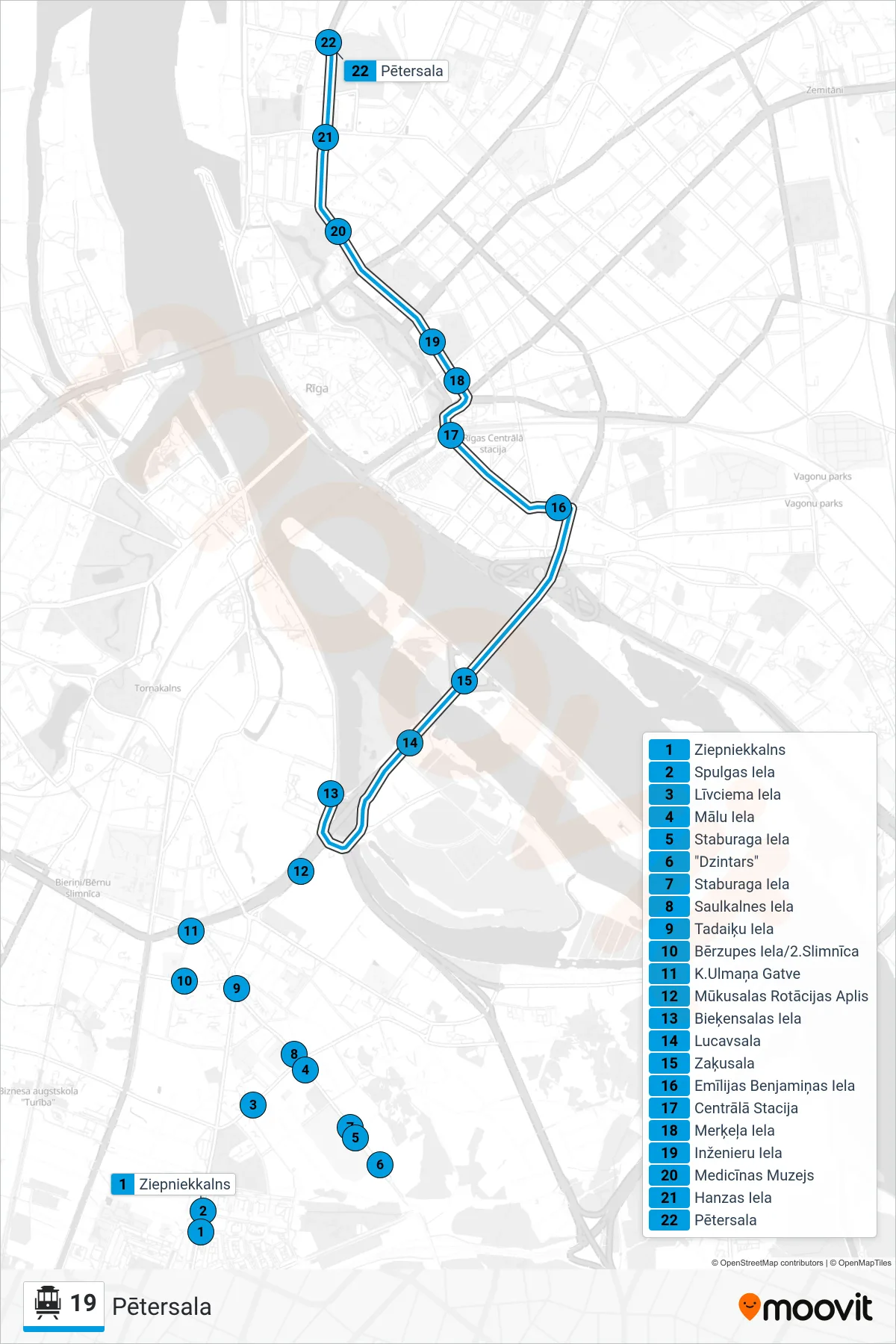 19 cable car Line (Pētersala) route and stops on a map