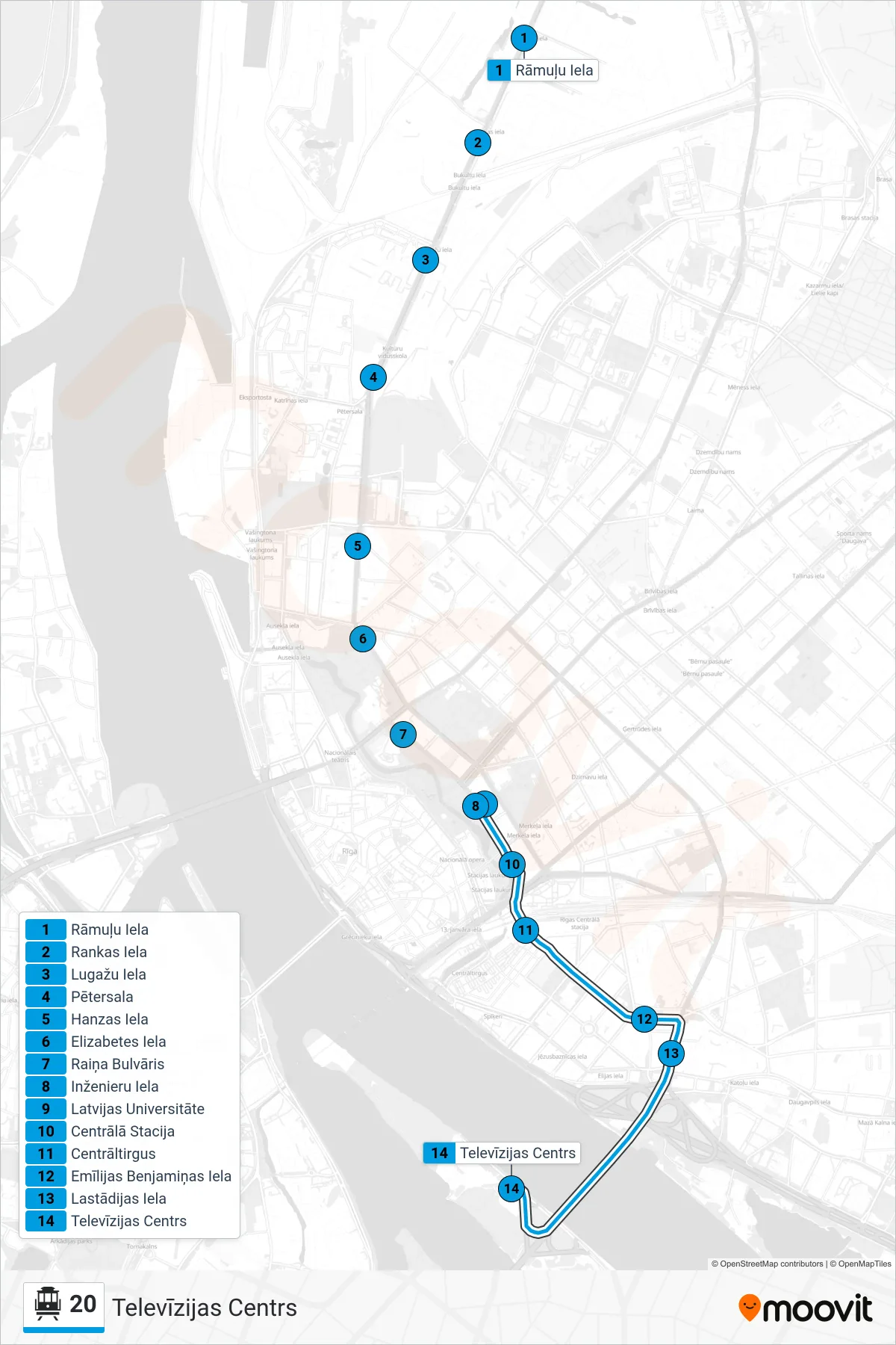 20 cable car Line (Televīzijas Centrs) route and stops on a map