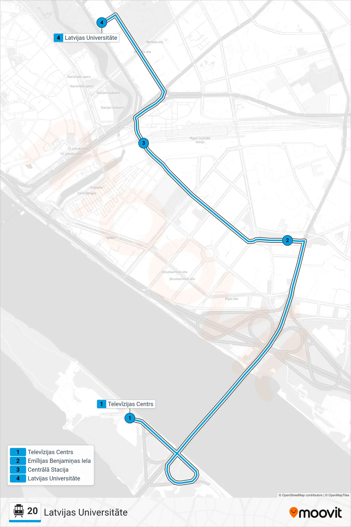 20 cable car Line (Latvijas Universitāte) route and stops on a map