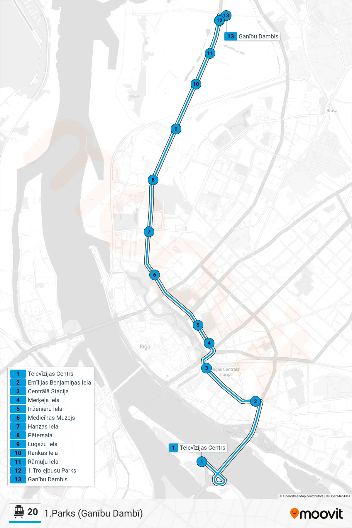 20 cable car Line (1.Parks (Ganību Dambī)) route and stops on a map
