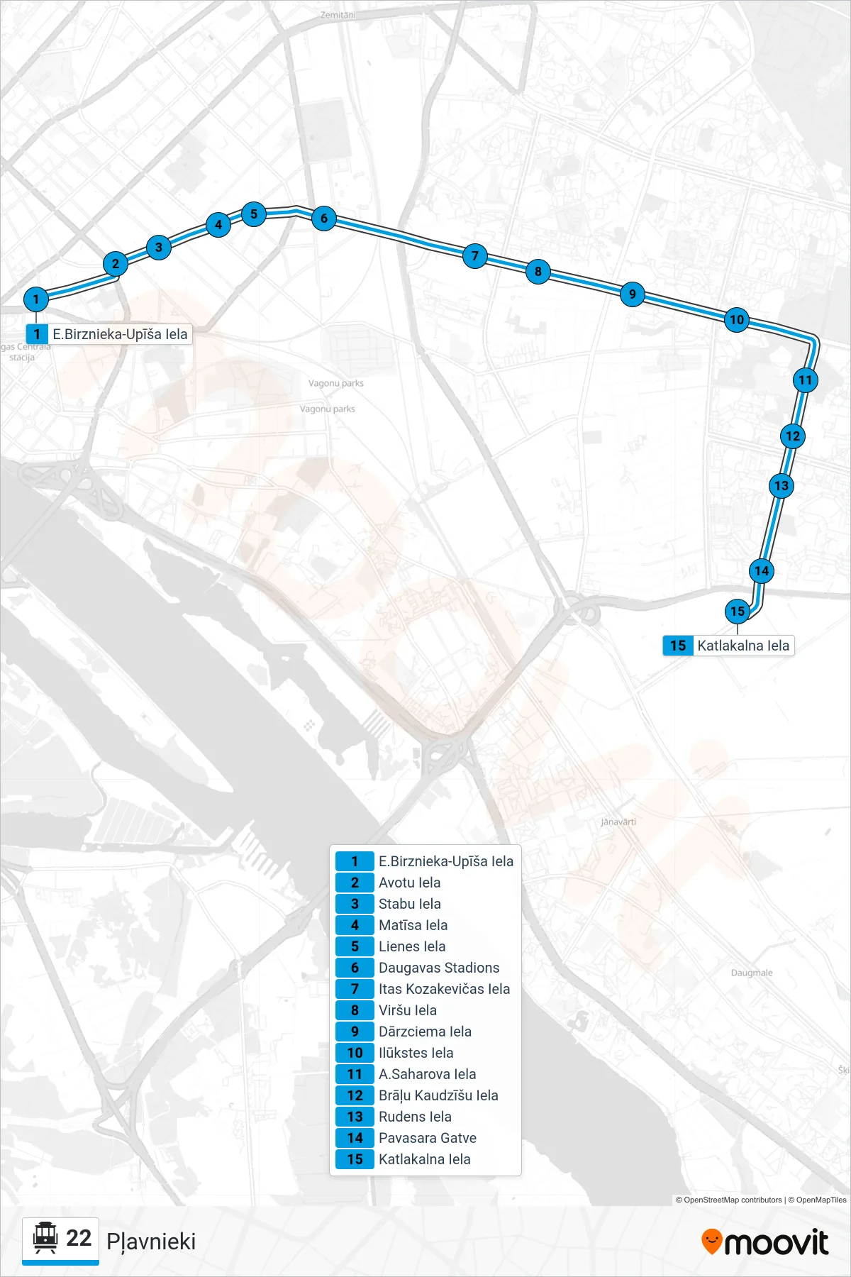 22 cable car Line (Pļavnieki) route and stops on a map