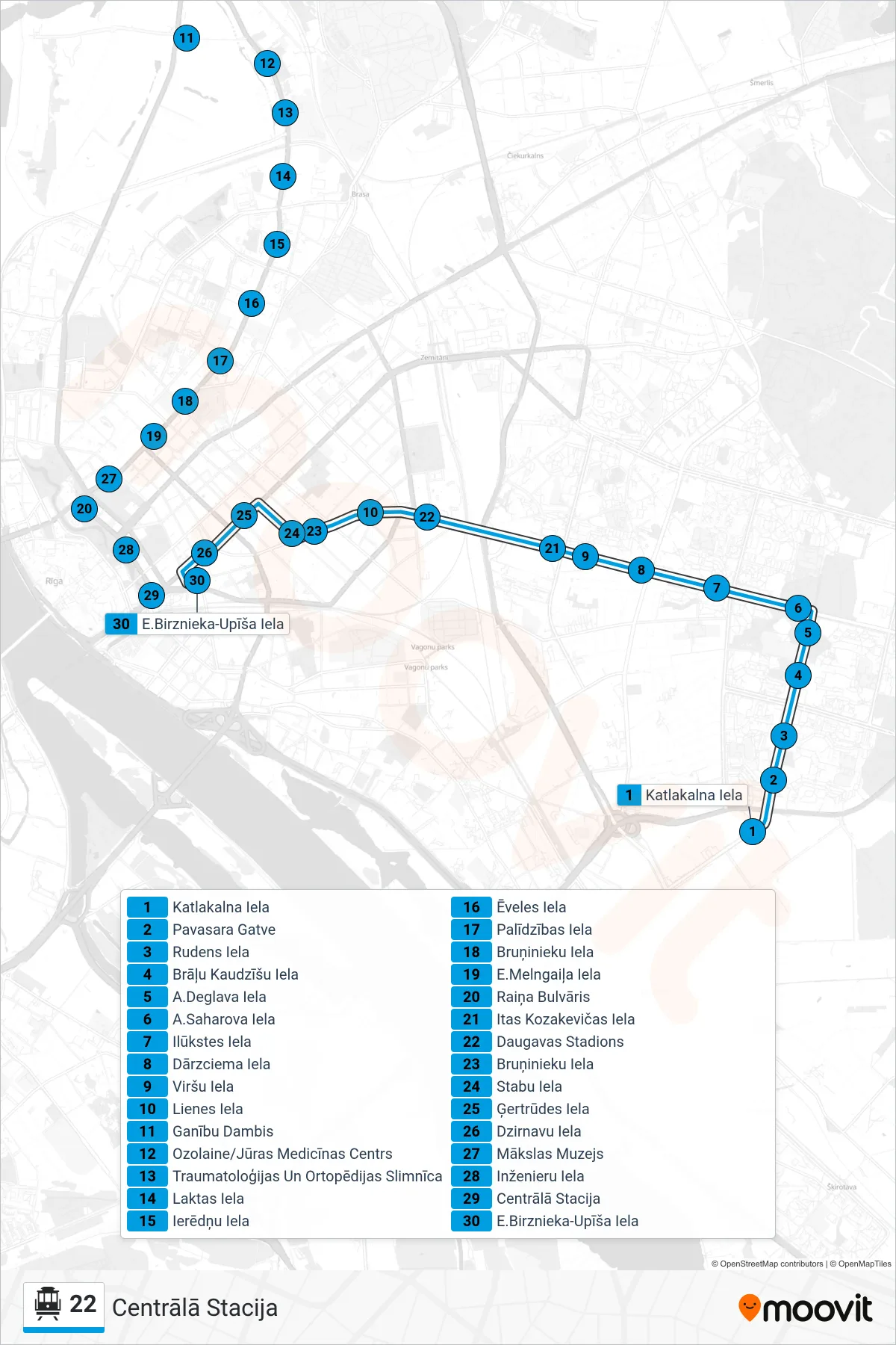 22 cable car Line (Centrālā Stacija) route and stops on a map
