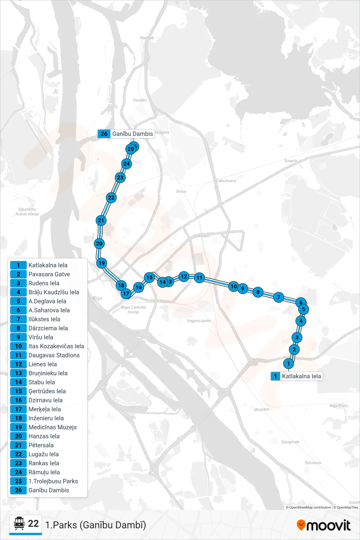 22 cable car Line (1.Parks (Ganību Dambī)) route and stops on a map