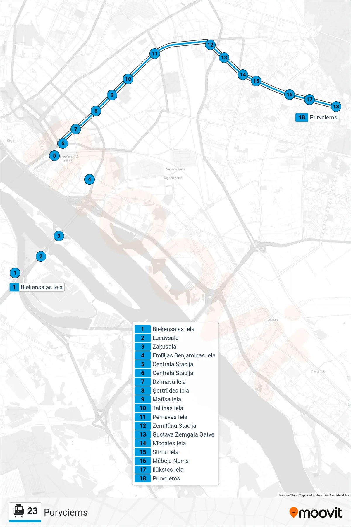 23 cable car Line (Purvciems) route and stops on a map
