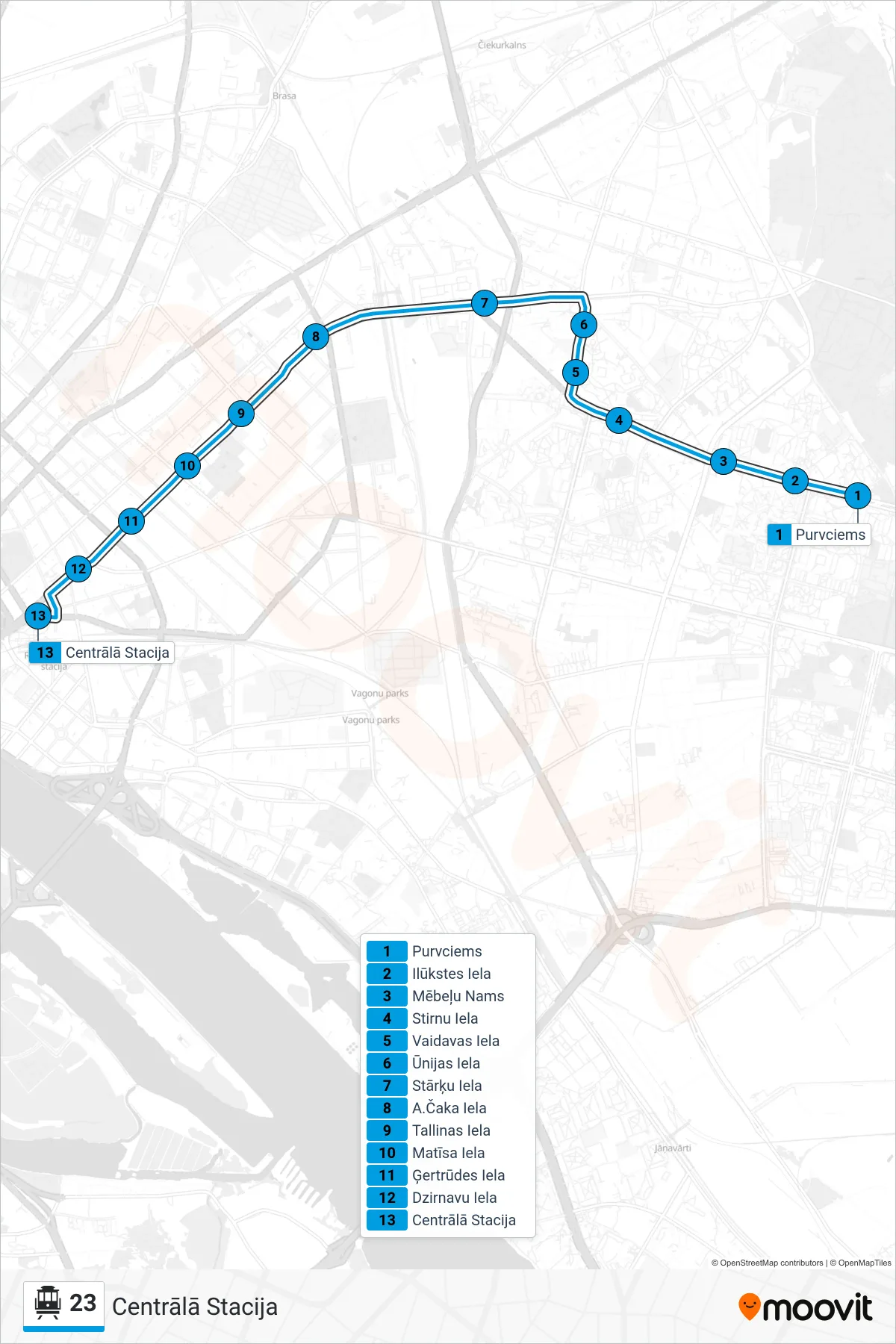 23 cable car Line (Centrālā Stacija) route and stops on a map