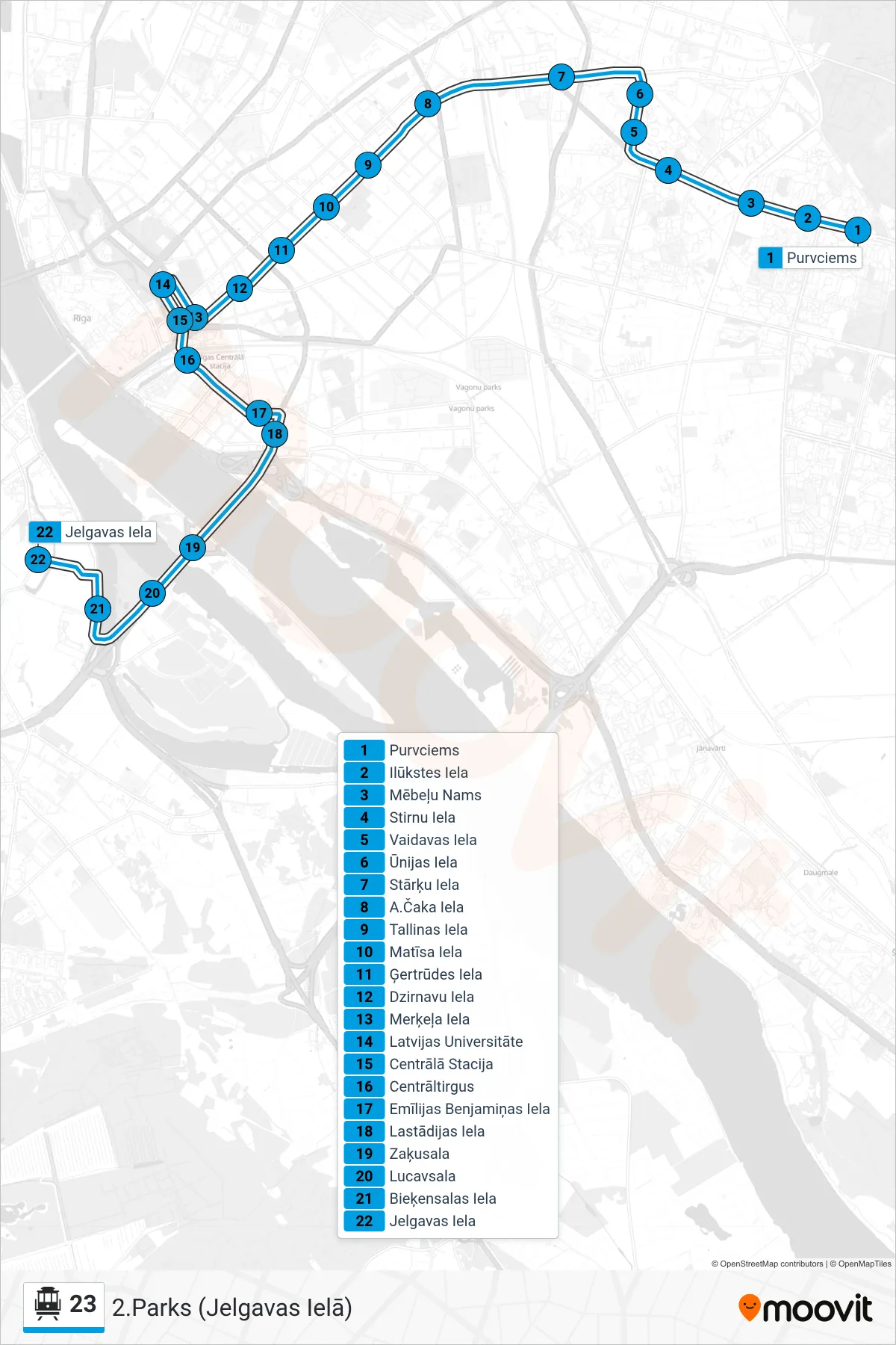23 cable car Line (2.Parks (Jelgavas Ielā)) route and stops on a map