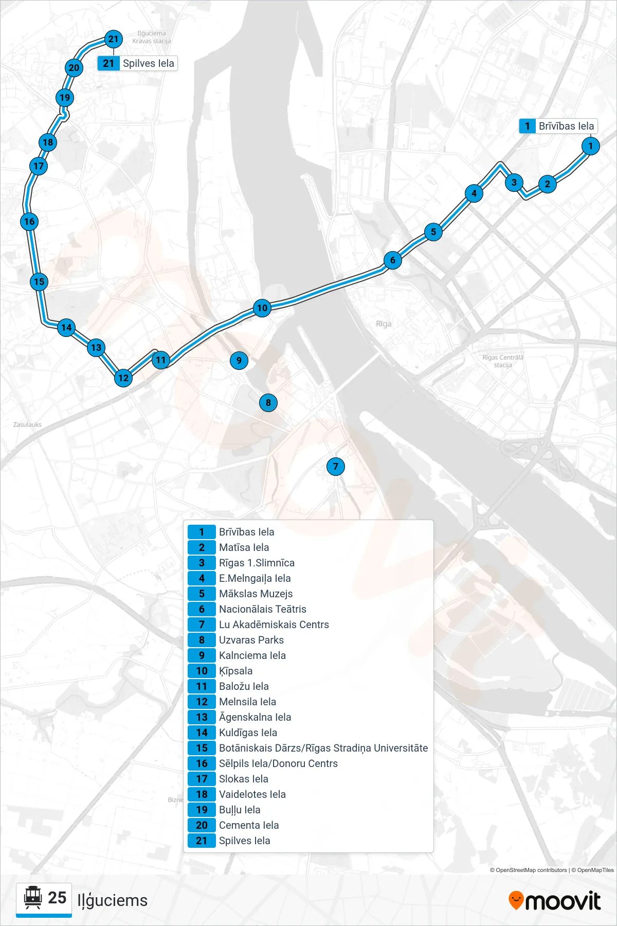 25 cable car Line (Iļģuciems) route and stops on a map