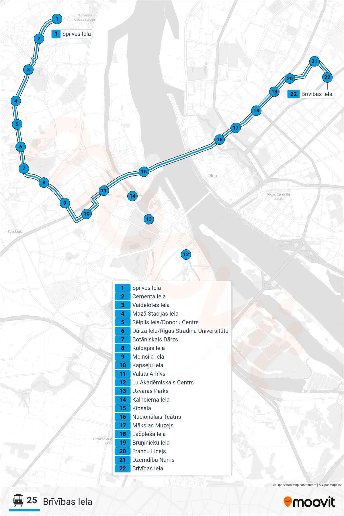 25 cable car Line (Brīvības Iela) route and stops on a map