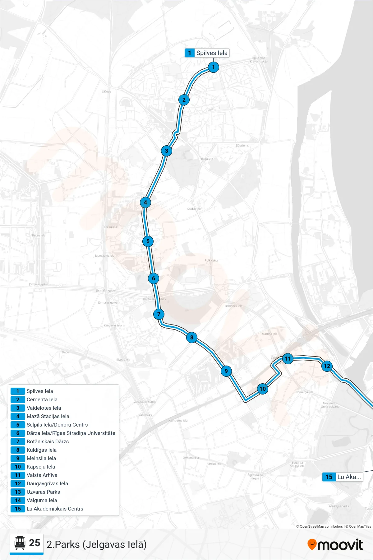 25 cable car Line (2.Parks (Jelgavas Ielā)) route and stops on a map