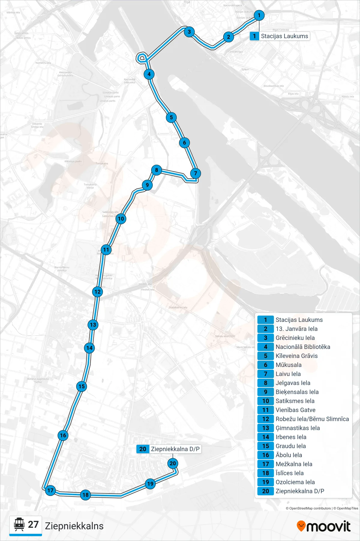 27 cable car Line (Ziepniekkalns) route and stops on a map