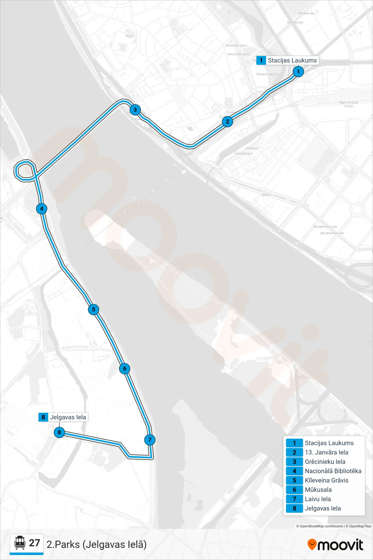 27 cable car Line (2.Parks (Jelgavas Ielā)) route and stops on a map