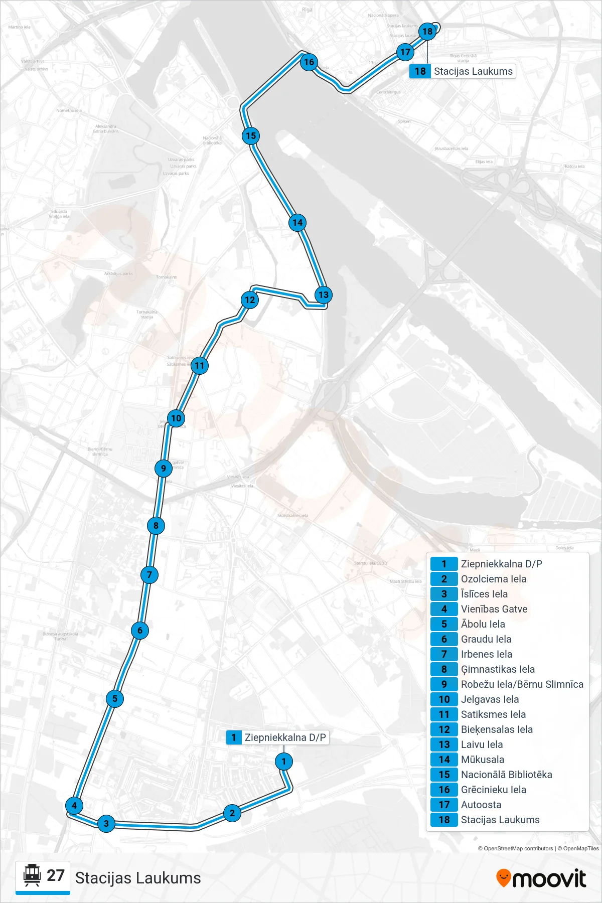 27 cable car Line (Stacijas Laukums) route and stops on a map