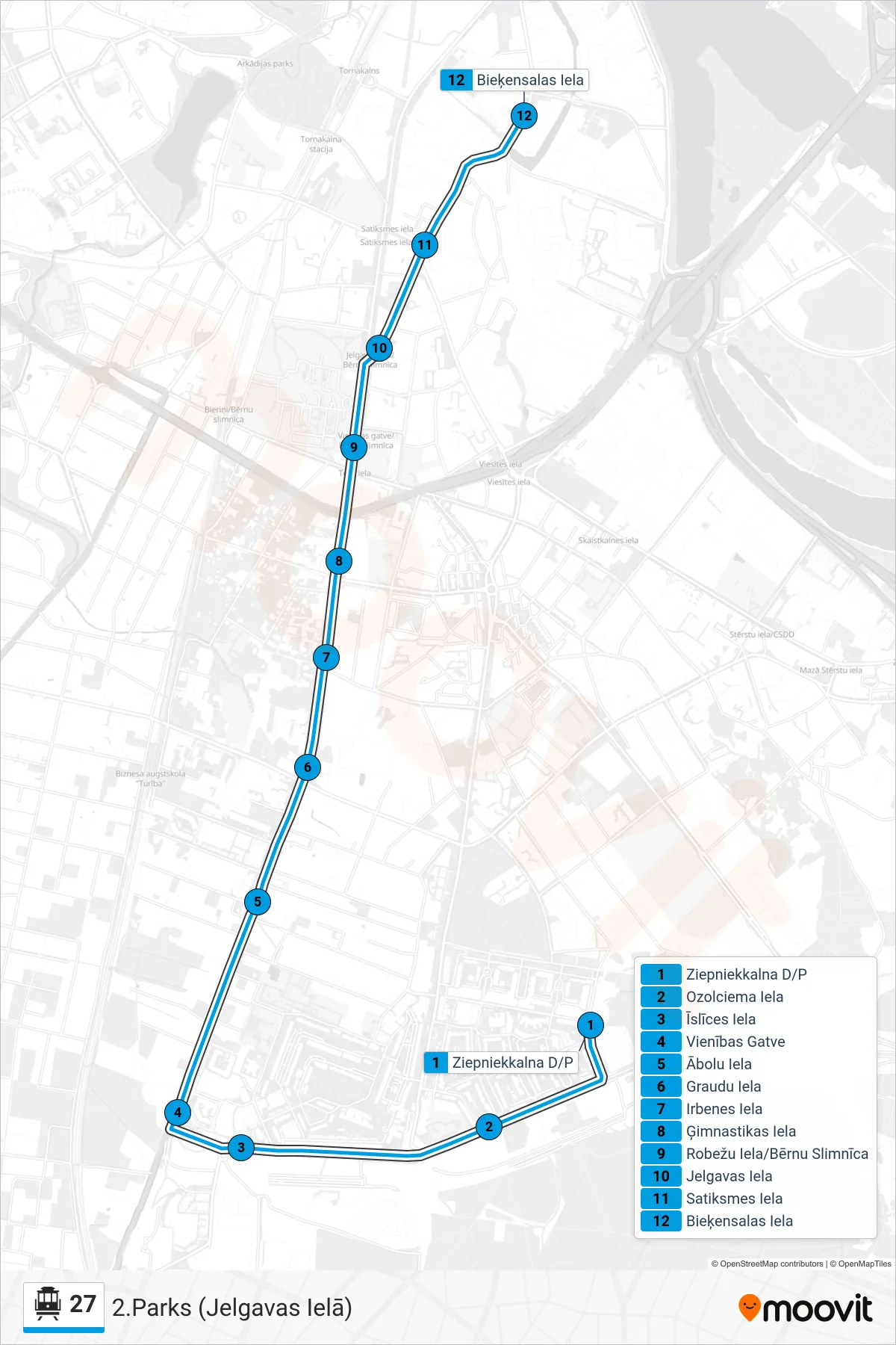27 cable car Line (2.Parks (Jelgavas Ielā)) route and stops on a map