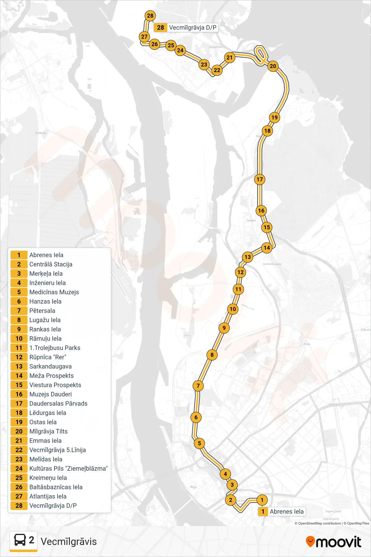 2 bus Line (Vecmīlgrāvis) route and stops on a map