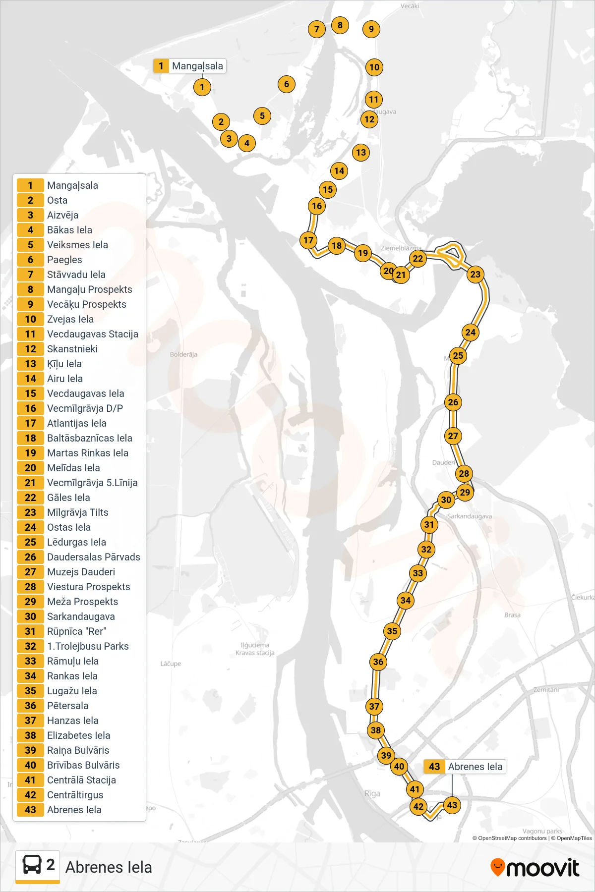 2 bus Line (Abrenes Iela) route and stops on a map