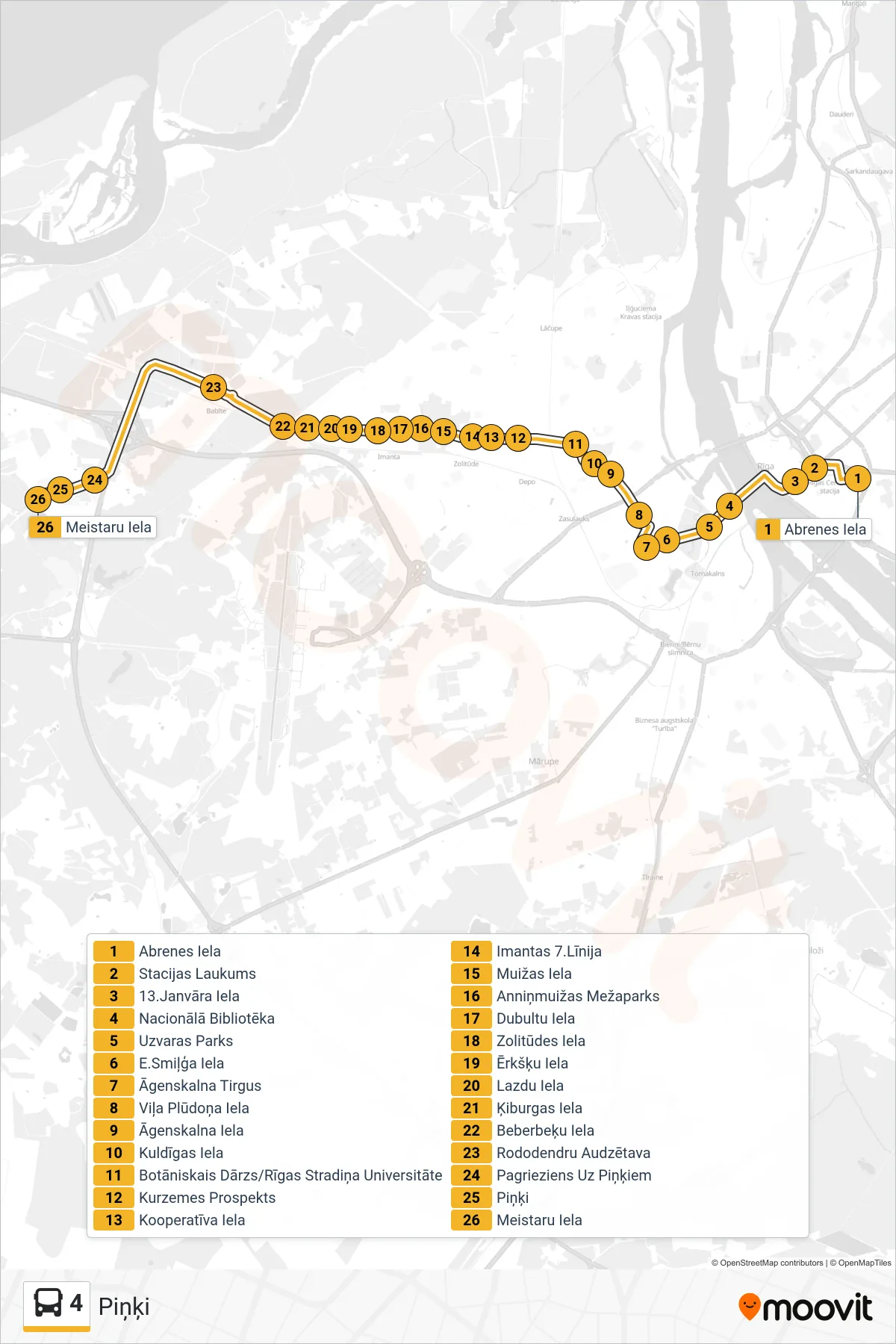 4 bus Line (Piņķi) route and stops on a map