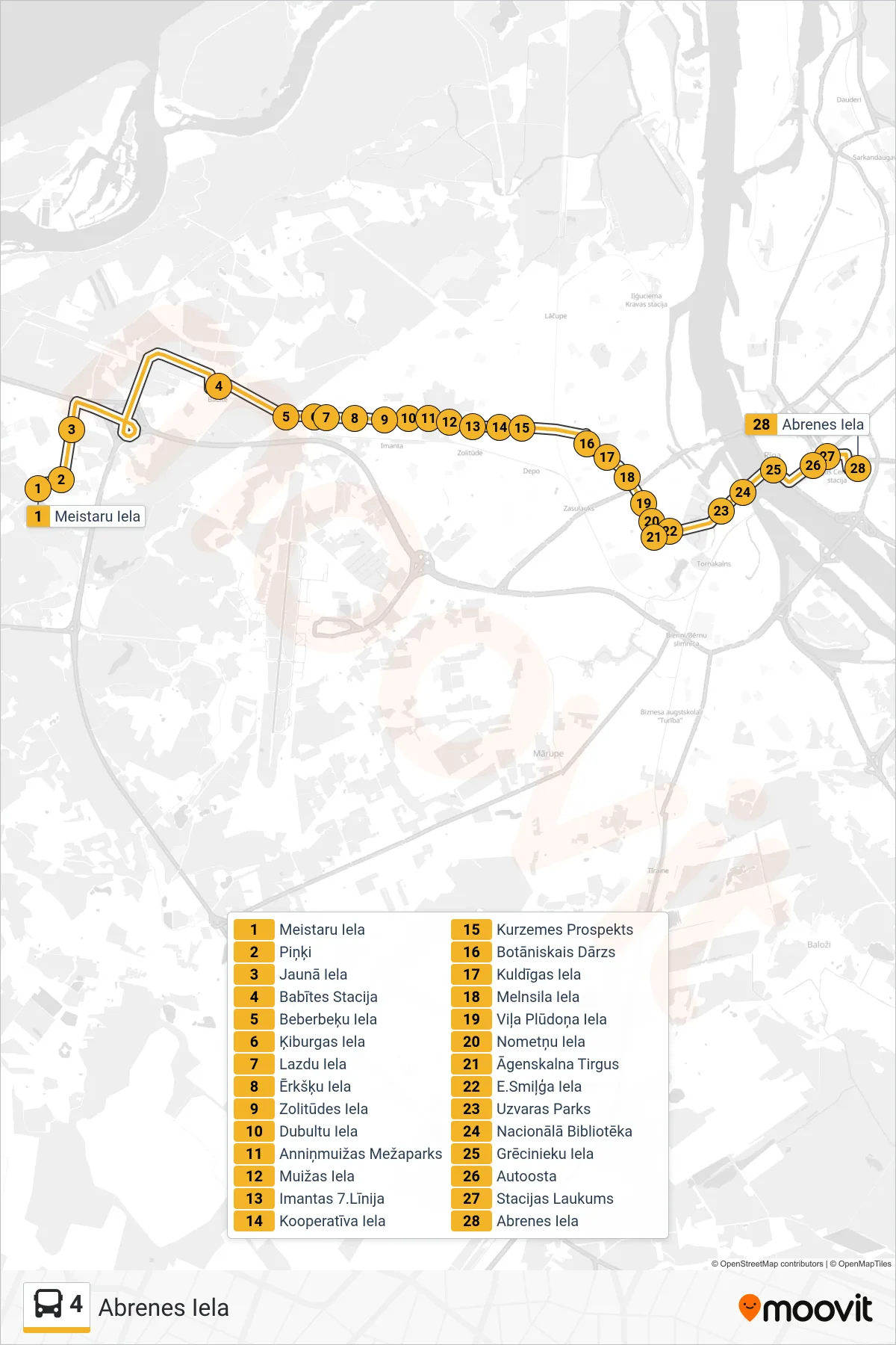 4 bus Line (Abrenes Iela) route and stops on a map